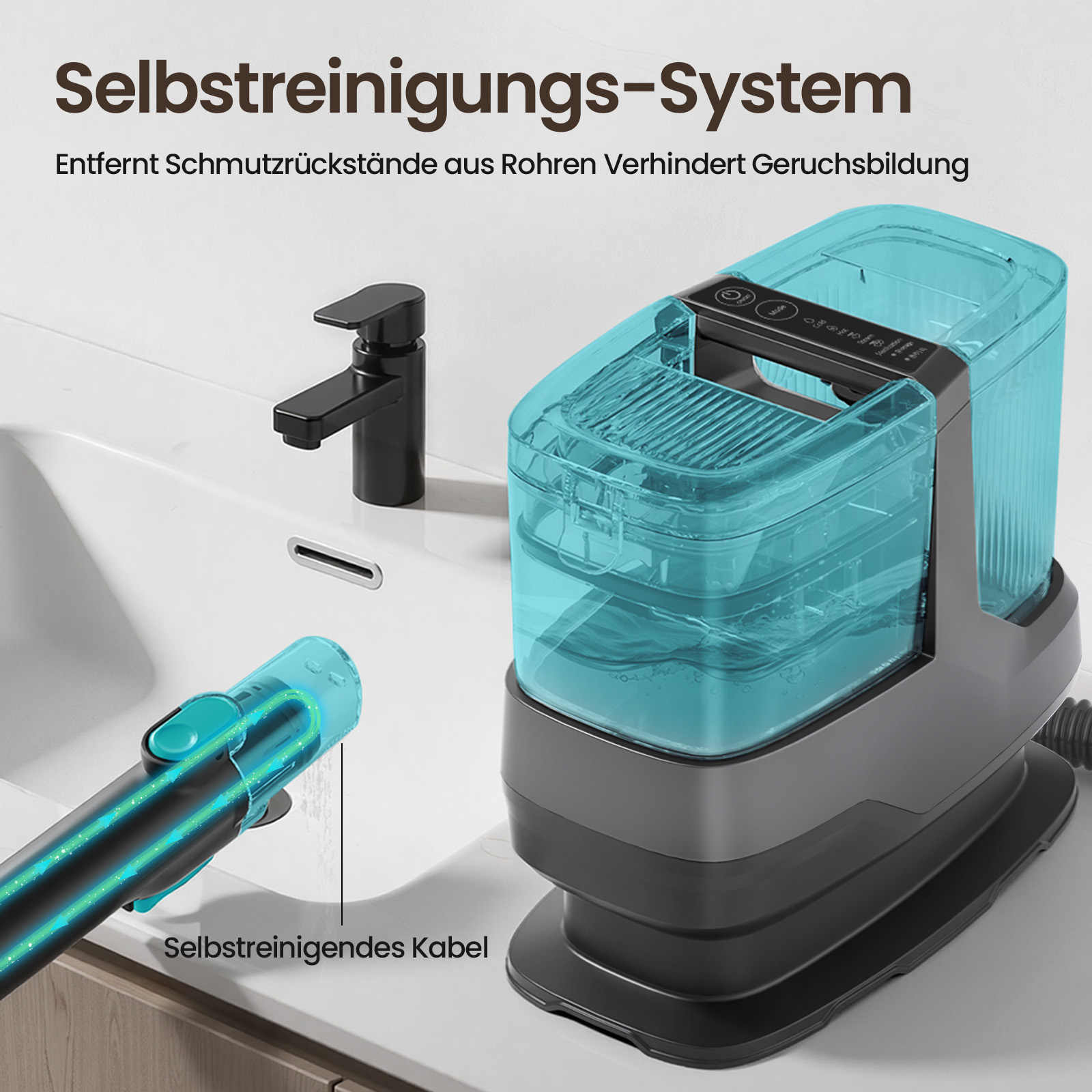 Selbstreinigendes Kabel mit blauem Behälter neben einer Spüle mit Wasserhahn.