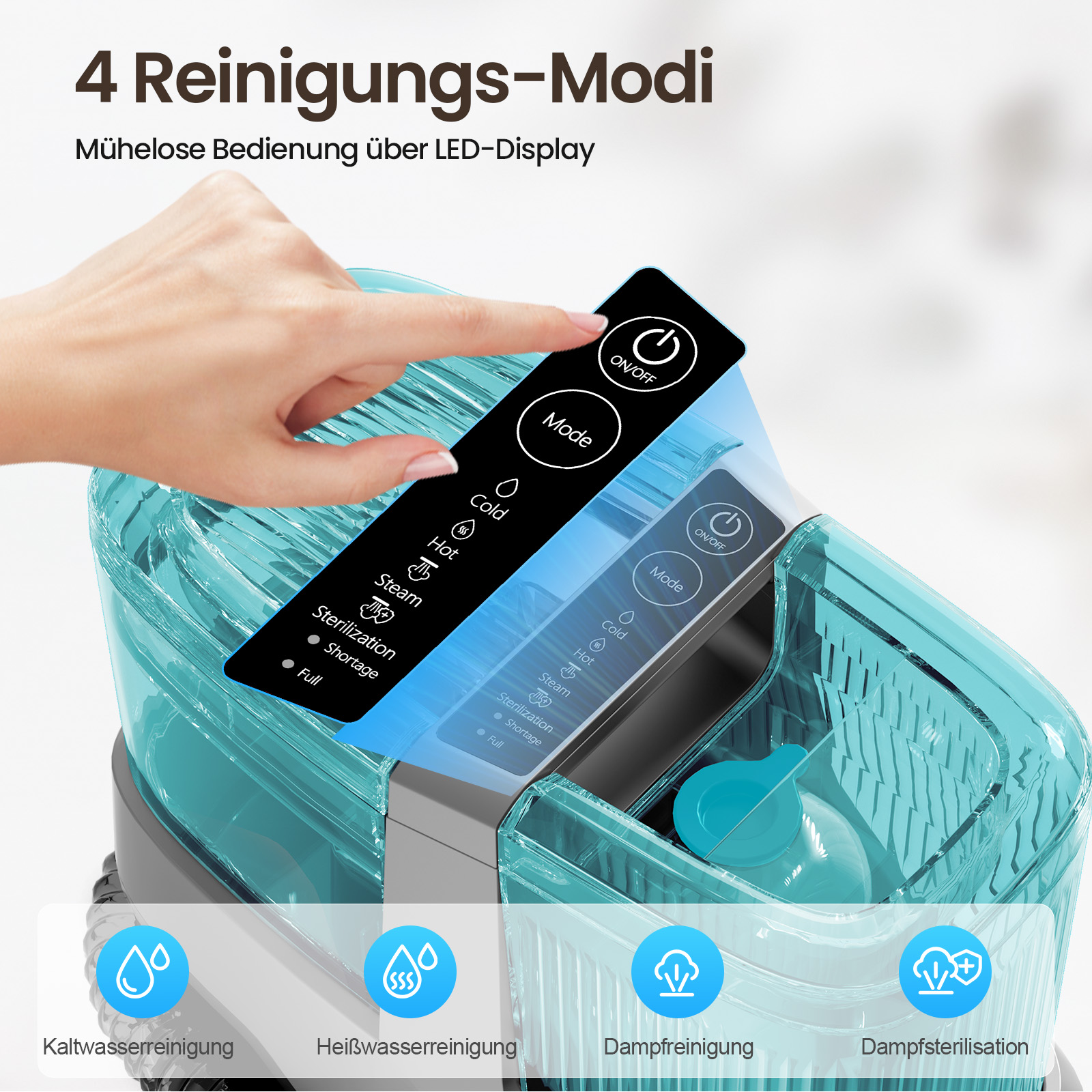 Eine Hand tippt auf ein Bedienfeld mit den Modi: Kalt, Heiß, Dampf, Sterilisation.