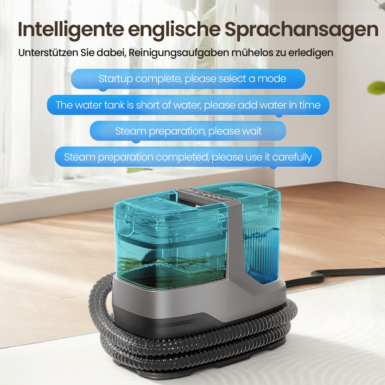 Ein Dampfgerät mit blauem Wassertank und Schlauch auf Holzboden.