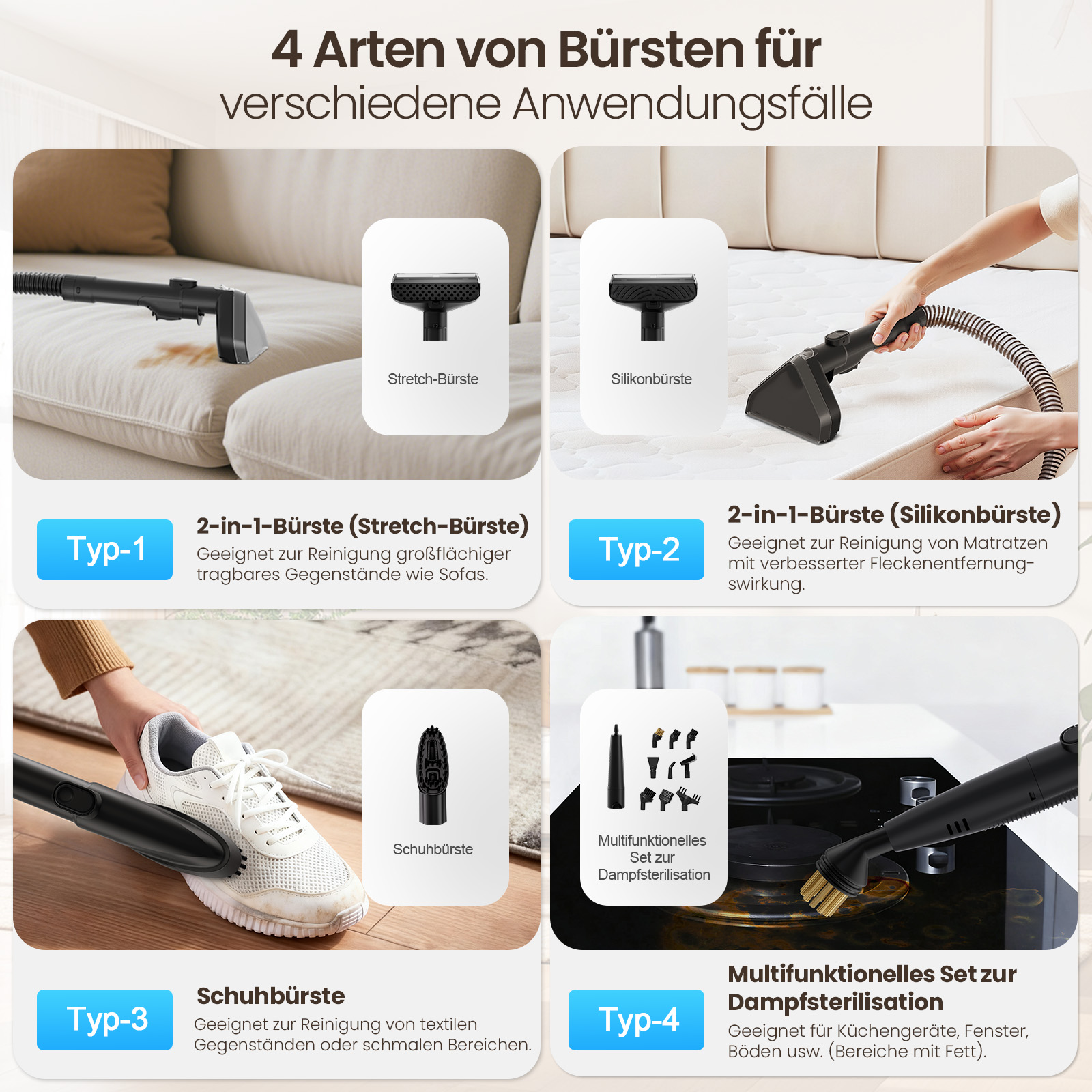 Vier Bürstenaufsätze für verschiedene Reinigungsaufgaben: Sofa, Matratze, Schuhe, Küche.