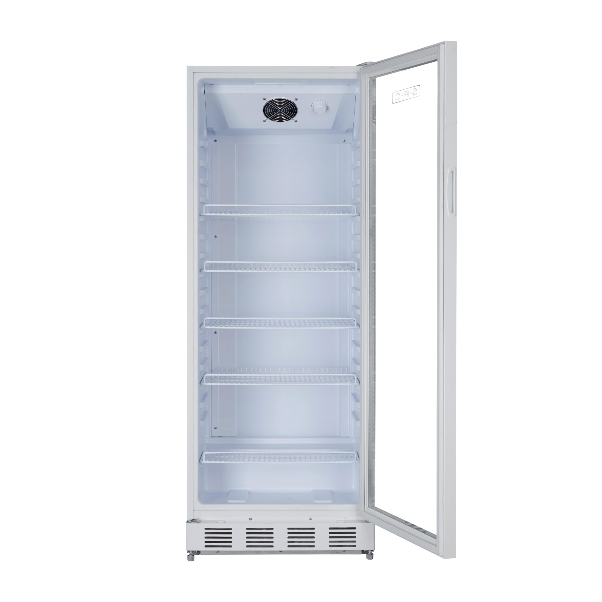 Ein weißer Kühlschrank mit offener Glastür und sechs Regalen.