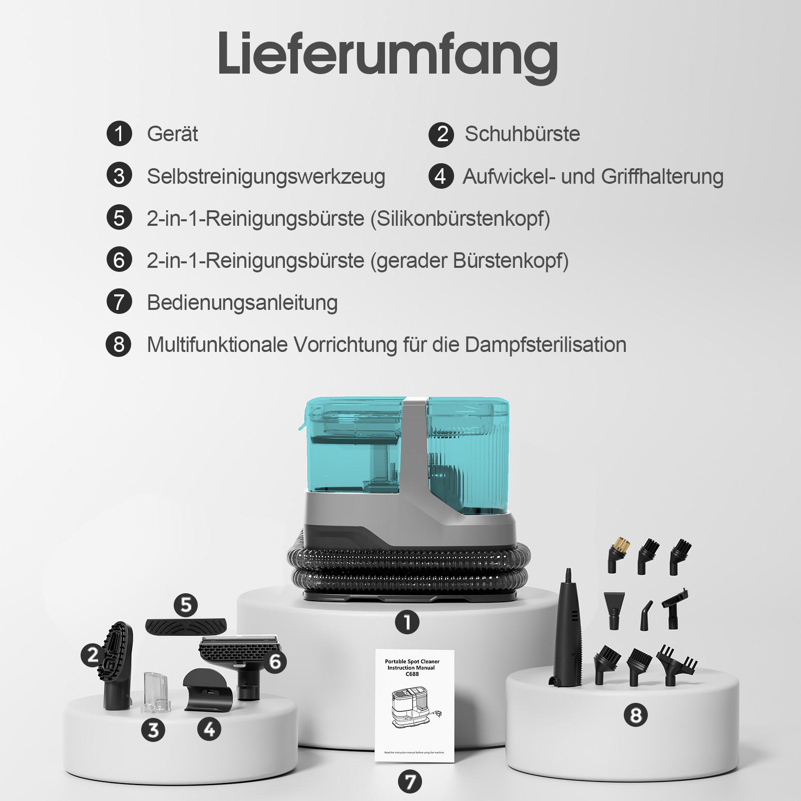 Gerät mit Zubehörteilen und Bedienungsanleitung, übersichtlich arrangiert.