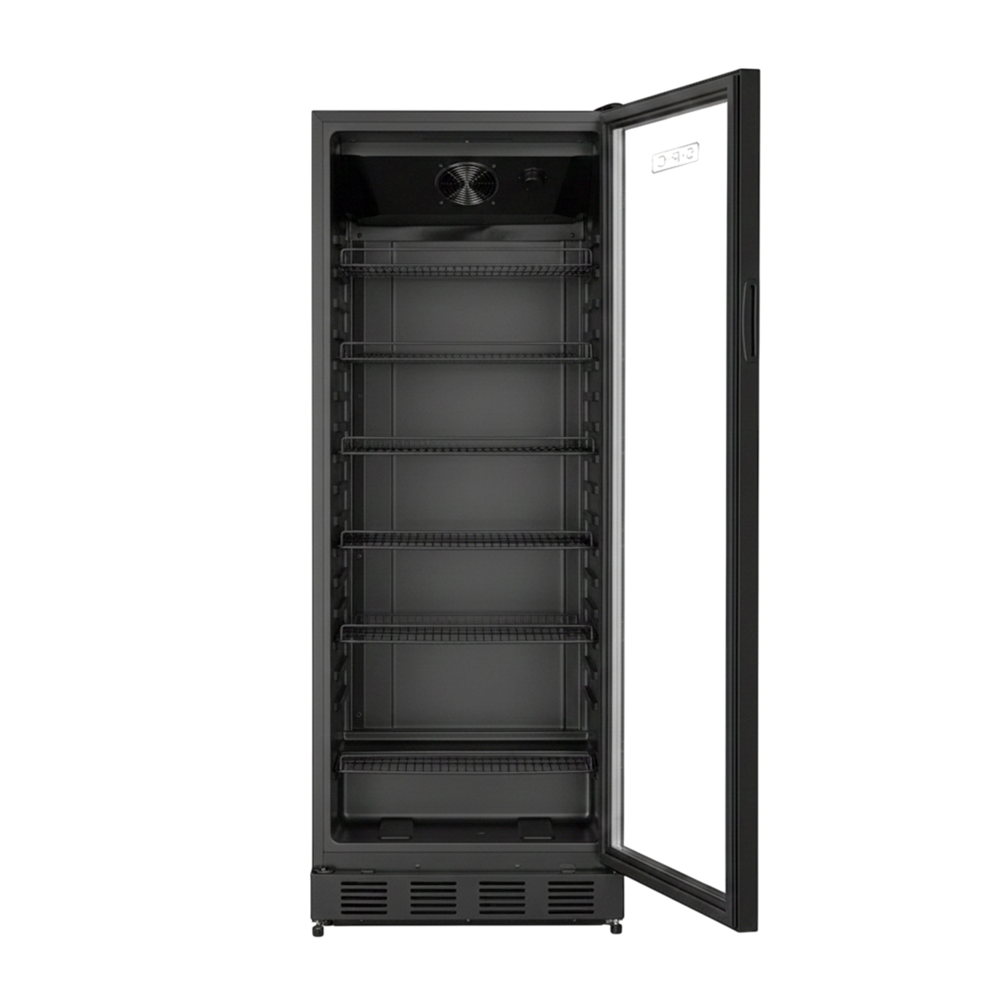 Ein leerer, schwarzer Kühlschrank mit offener Glastür und fünf Regalen.