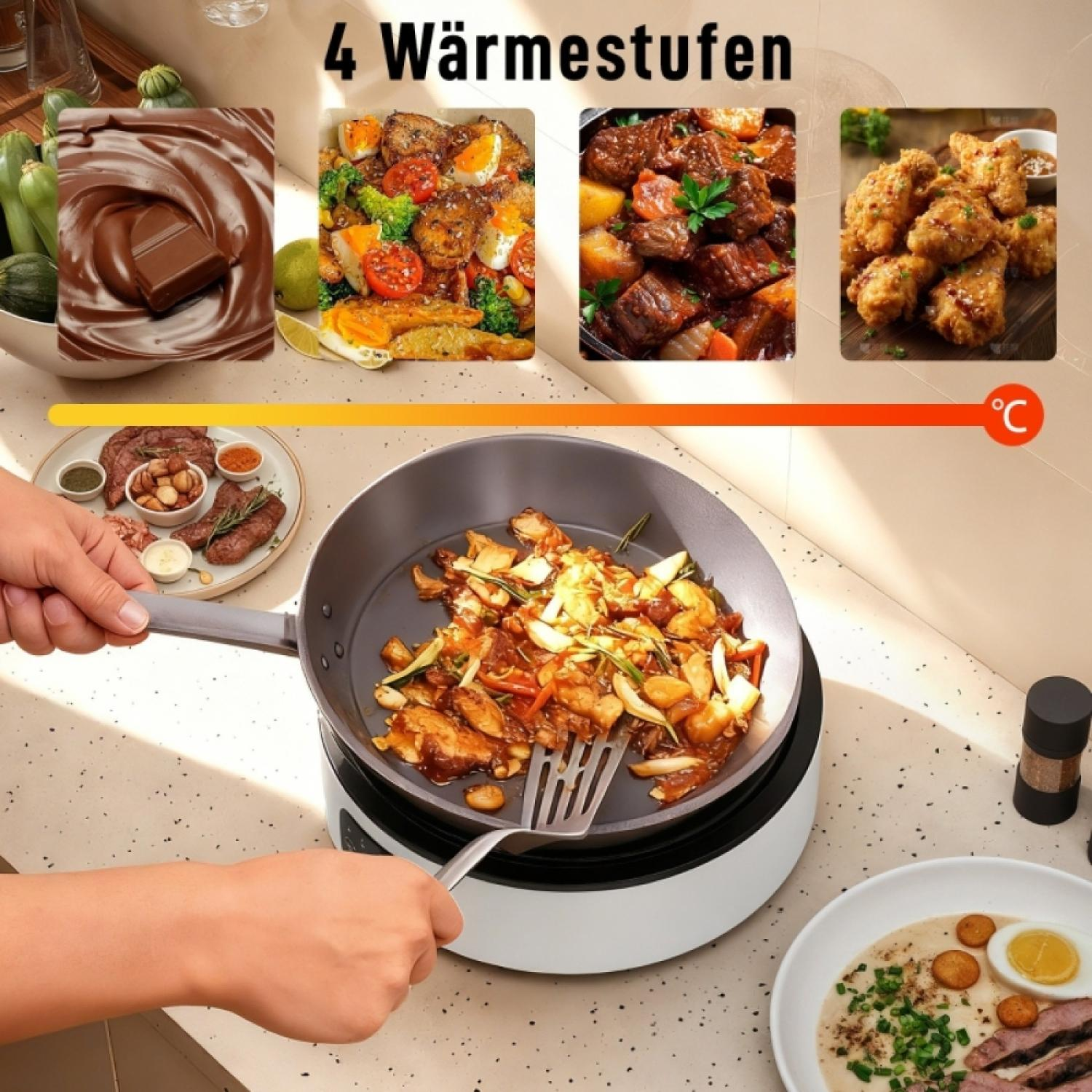 Vier Kochstufen: Schokopudding, herzhaftes Essen, Rindfleischeintopf und frittiertes Hähnchen.