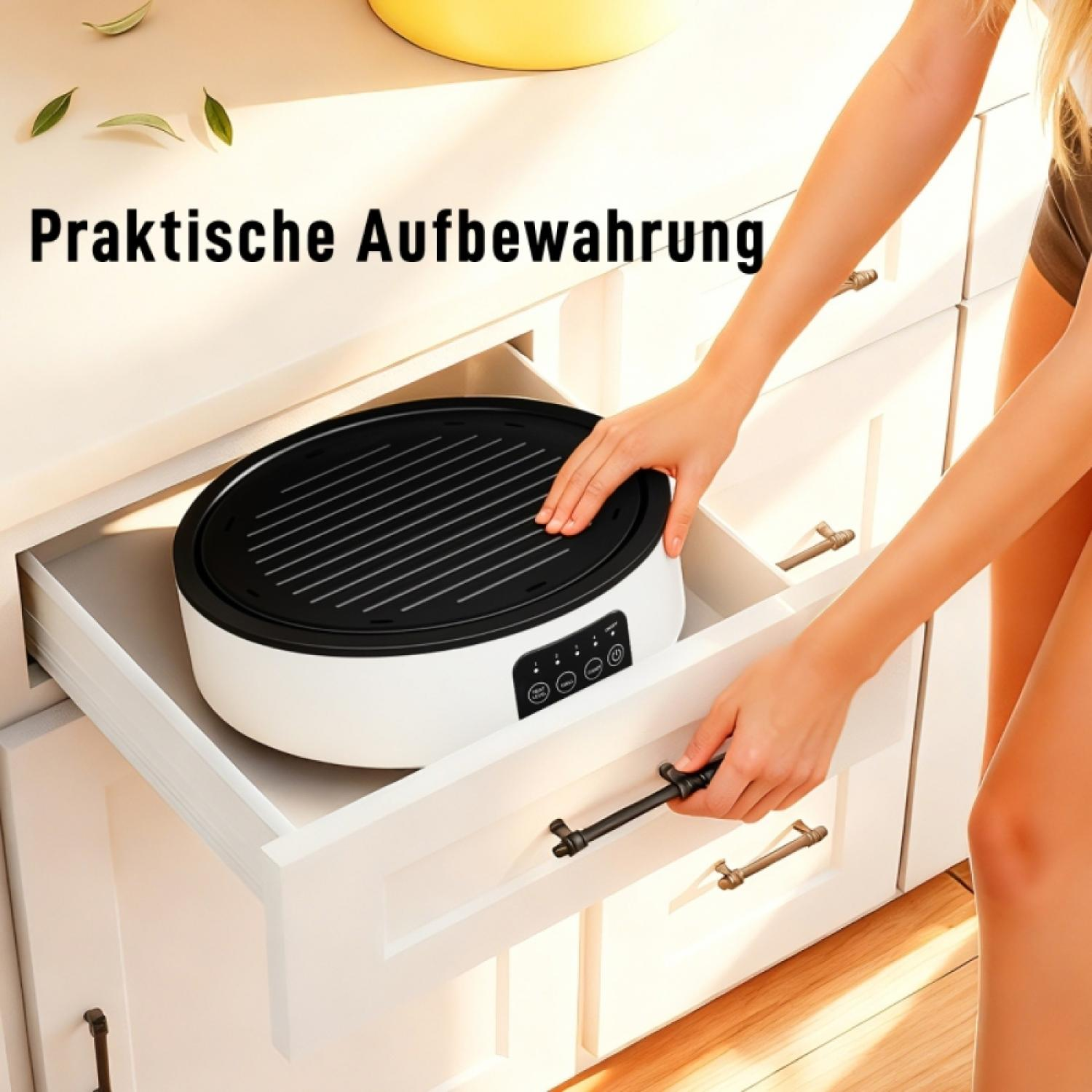 Eine Person schiebt einen runden, weißen Elektrogrill in eine Schublade.
