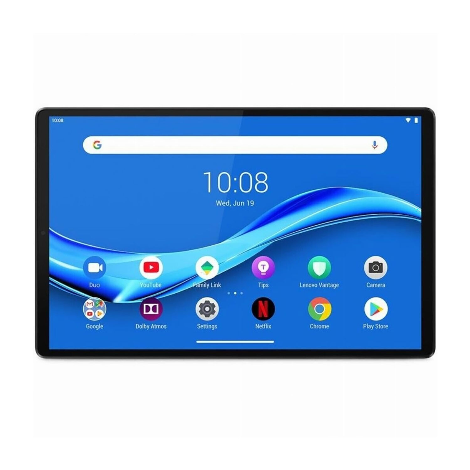 Czarny tablet z niebieskim ekranem wyświetla aplikacje takie jak Google, YouTube i Netflix.