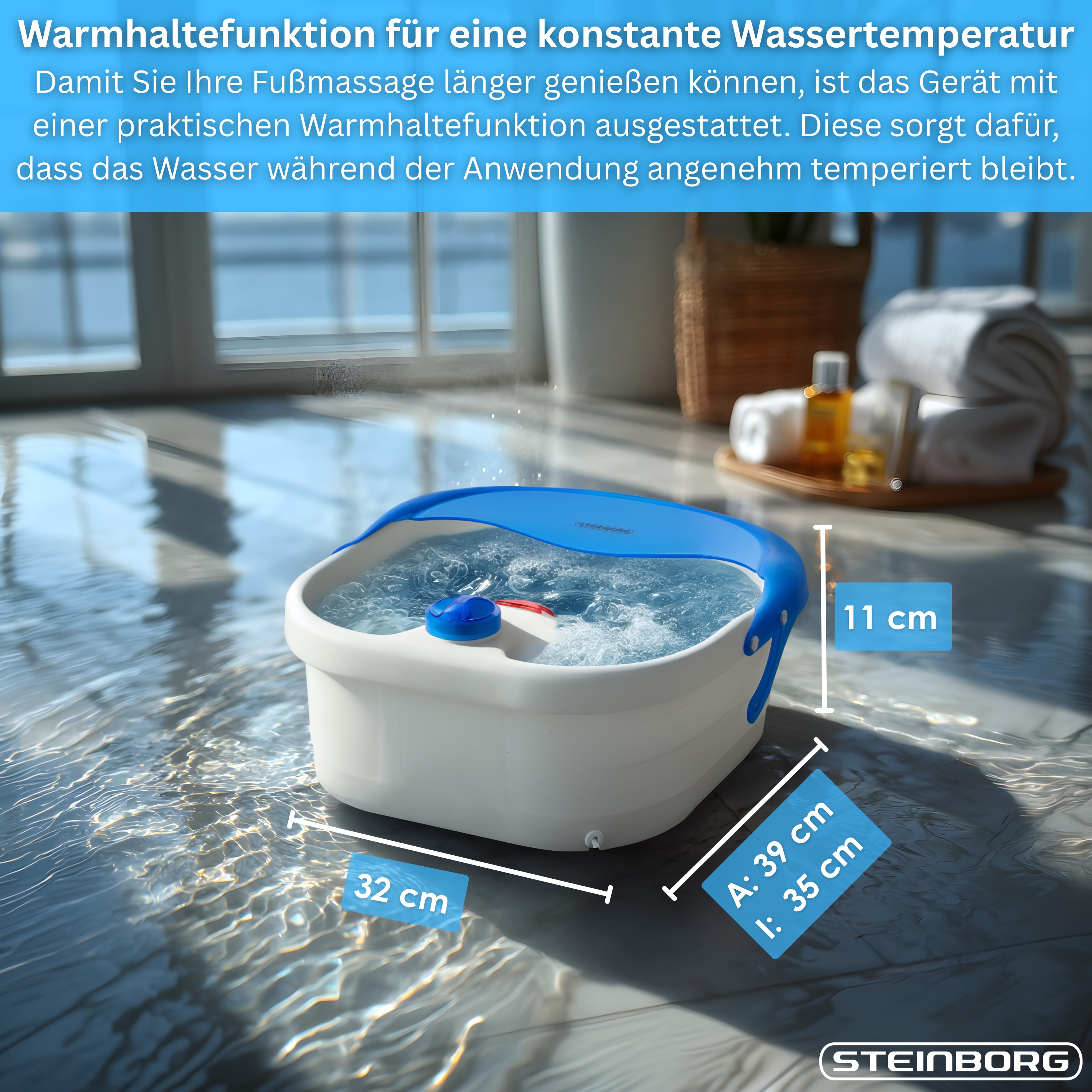 Ein weißer Fußbadbehälter mit blauer Kante und Wasser, Maße sind angegeben.