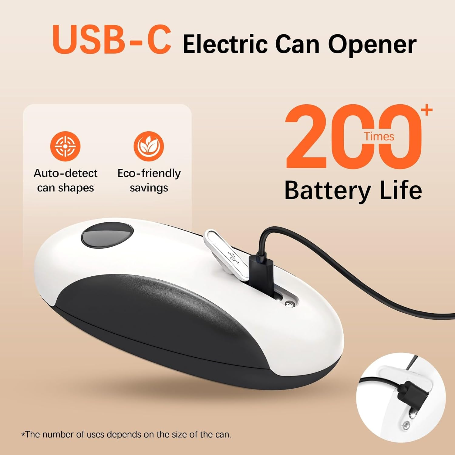 Elektrischer USB-C-Dosenöffner mit Ladeanschluss und Akkulaufzeitanzeige.