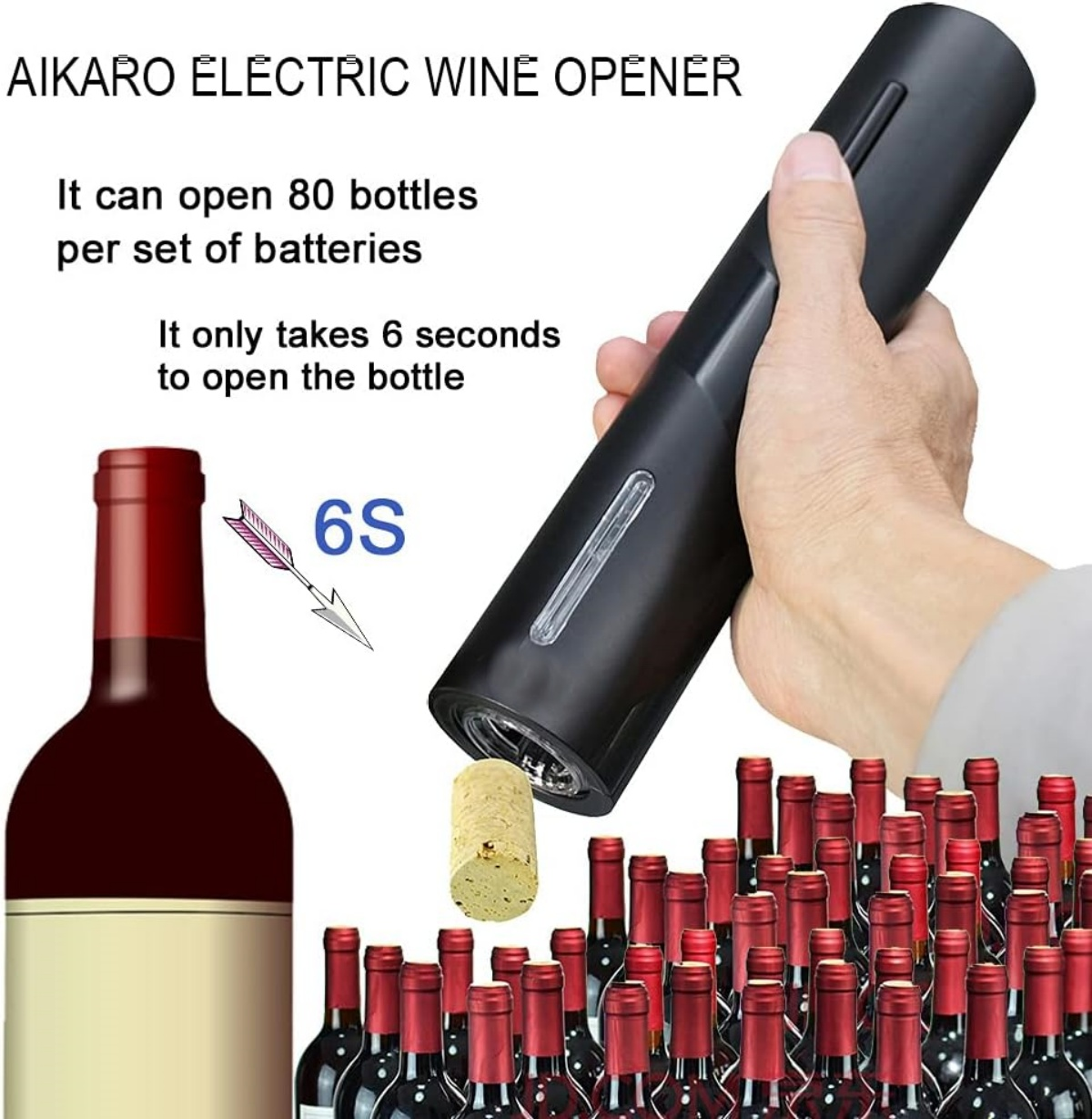 Elektrischer Weinöffner öffnet Flaschen schnell. Viele Weinflaschen im Hintergrund.