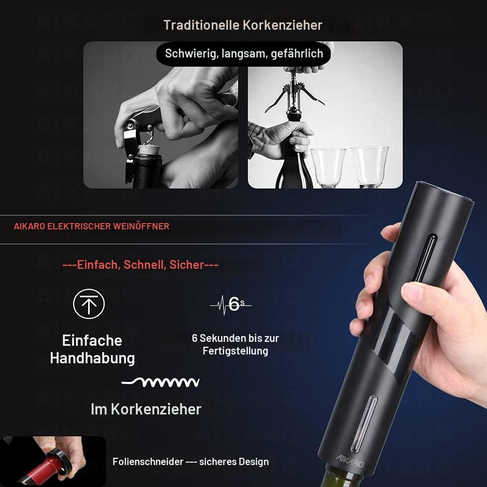 Schwarzer elektrischer Weinkorkenzieher in Hand, mit traditionellen Korkenziehern im Vergleich.