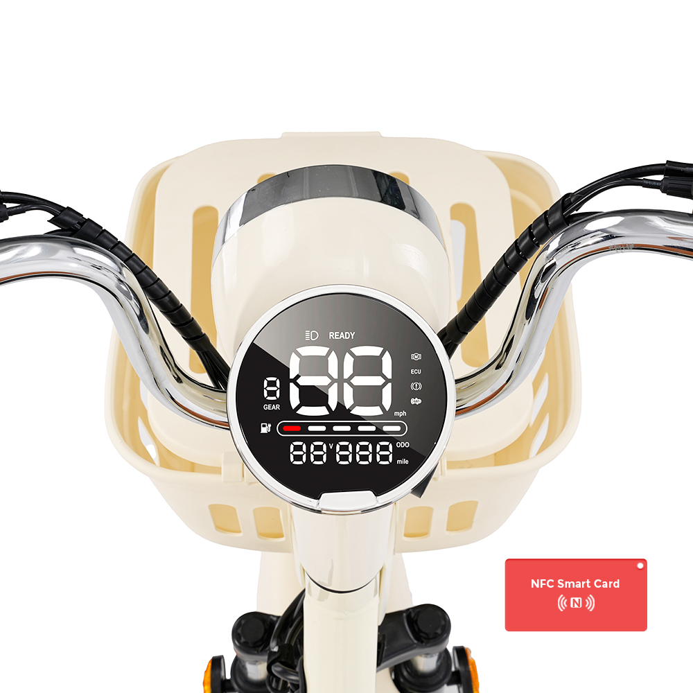Beiger E-Bike-Lenker mit digitalem Display, Gang 8, bereit, 88 MPH, 888 Meilen.