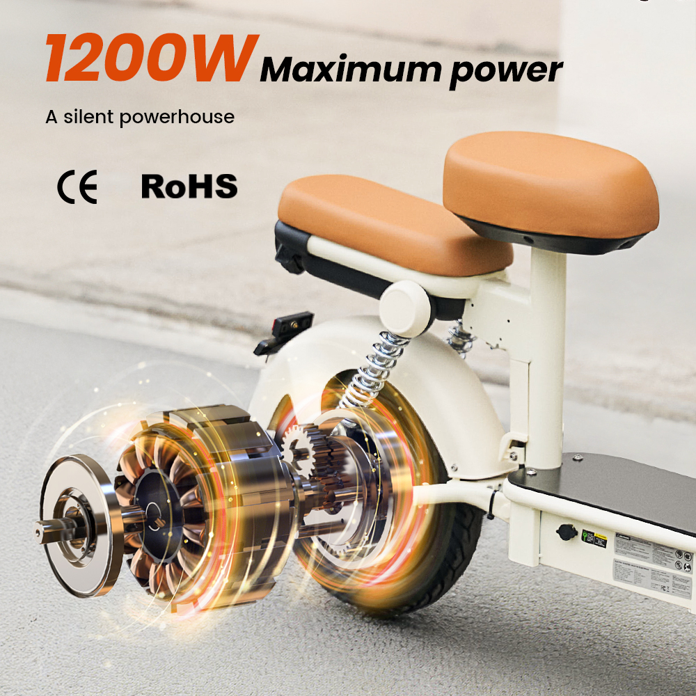 Ein weißer Elektroroller mit braunem Sitz und sichtbarem Motor.