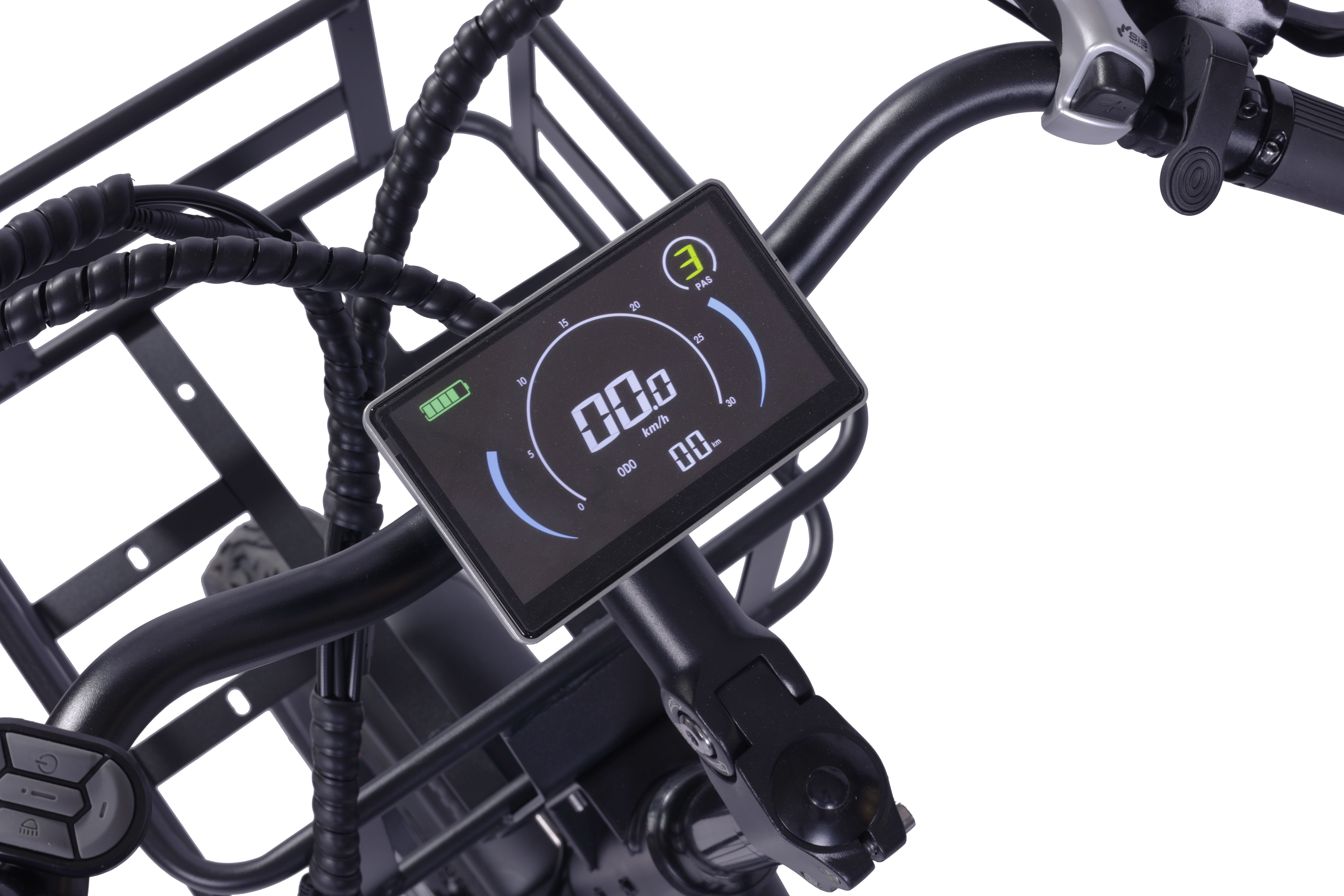 Wyświetlacz roweru elektrycznego pokazuje prędkość, baterię i poziom PAS.