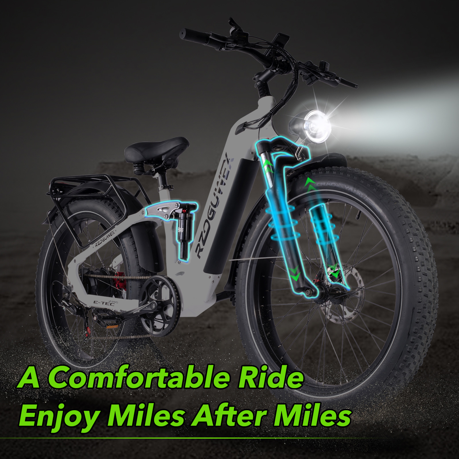 Biały e-bike z szerokimi oponami i podświetlonym reflektorem. Wyróżnione zawieszenie.