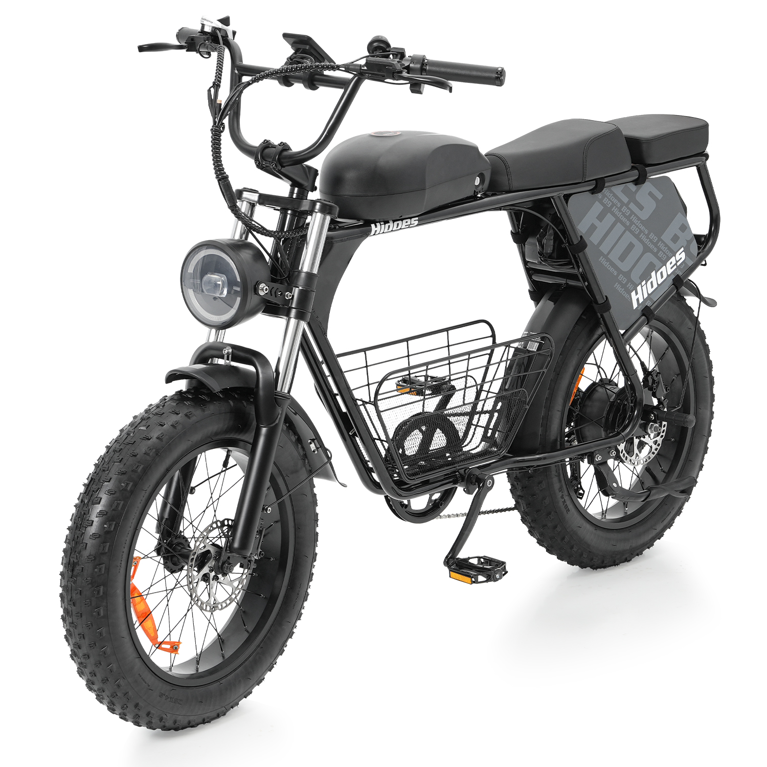 Schwarzes E-Bike mit dicken Reifen, Korb vorne, Doppelsitz und Hidoes-Logo.