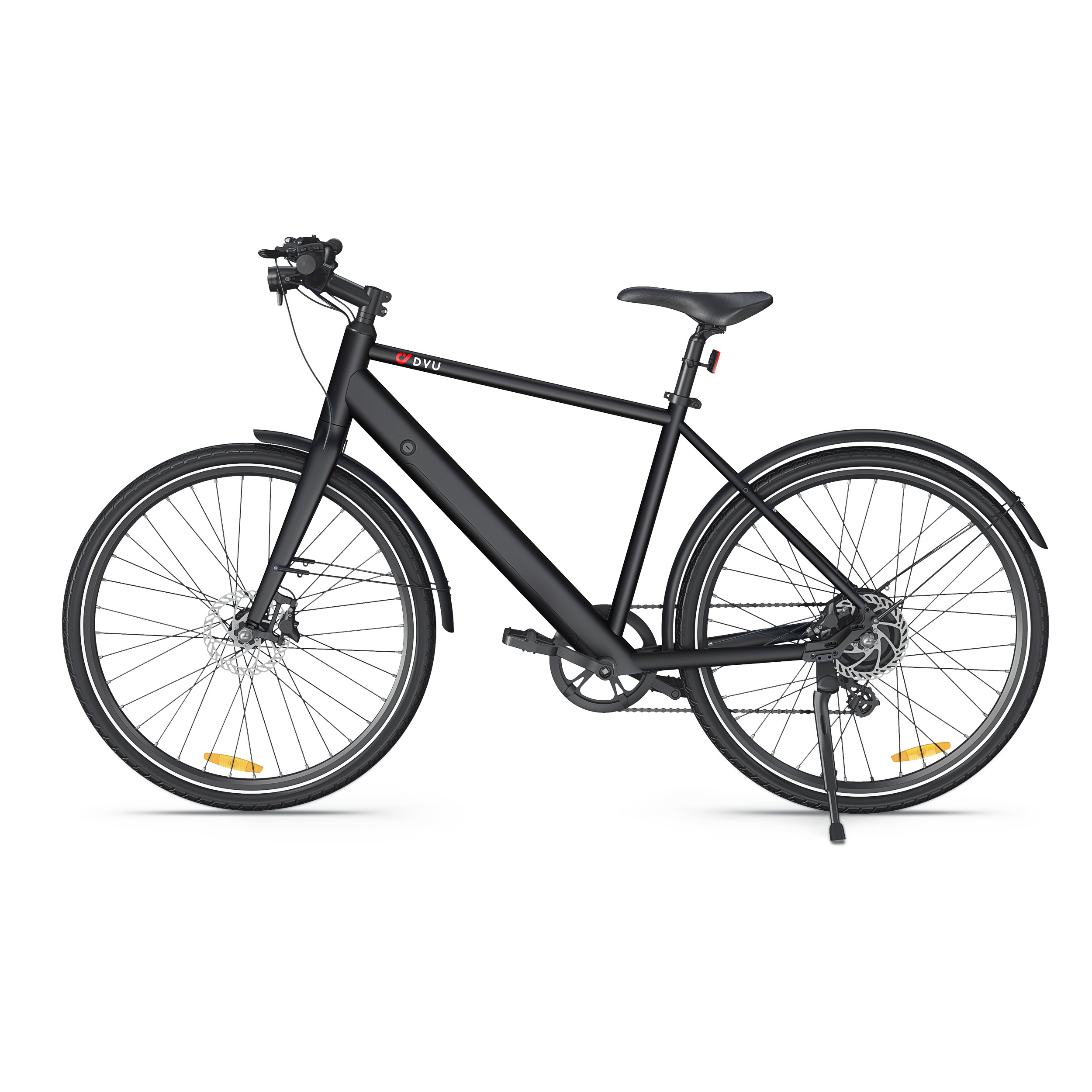 Ein schwarzes Fahrrad mit Scheibenbremsen und einem Seitenständer.