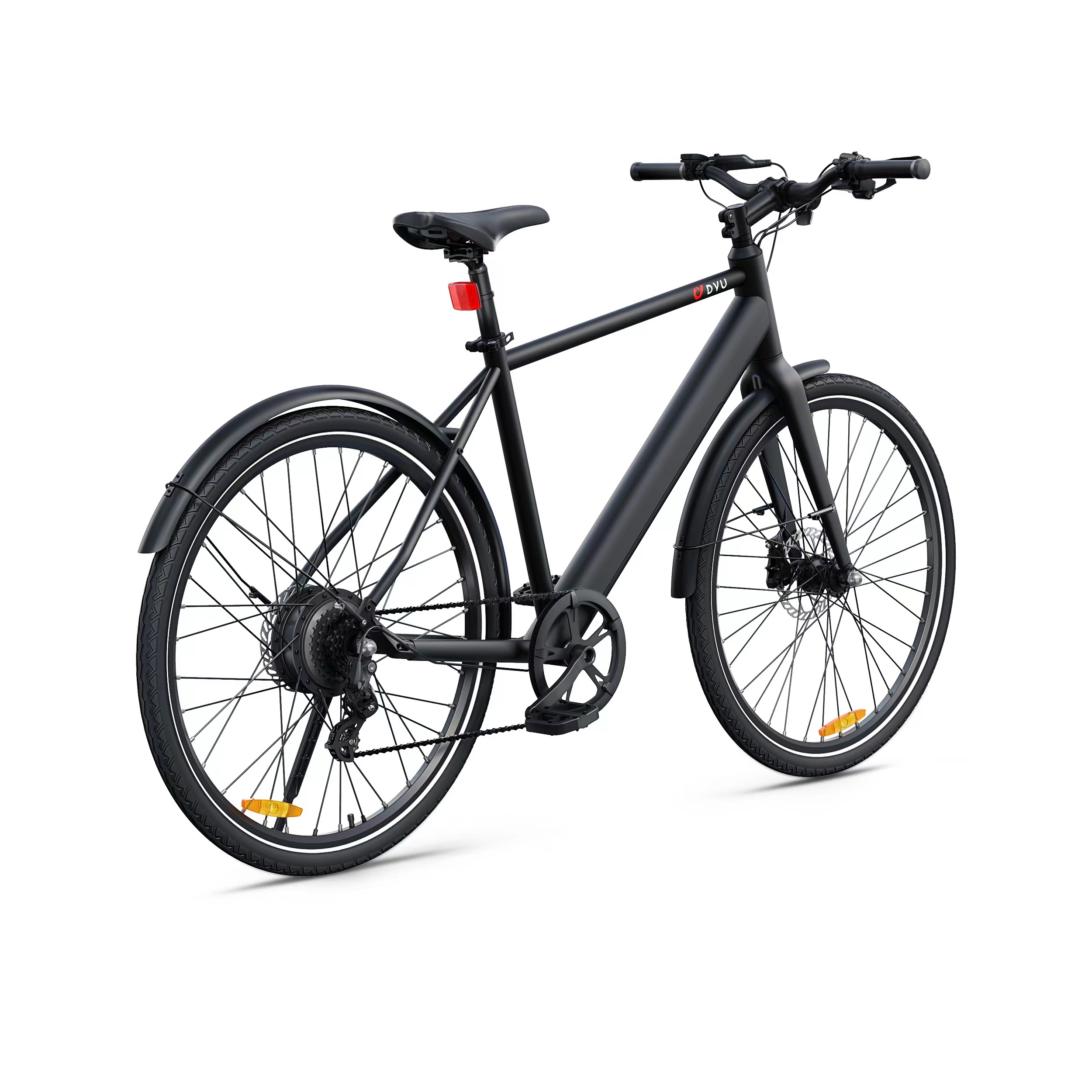 Ein schwarzes Elektrofahrrad mit Schutzblechen, einem roten Rücklicht und Reflektoren.