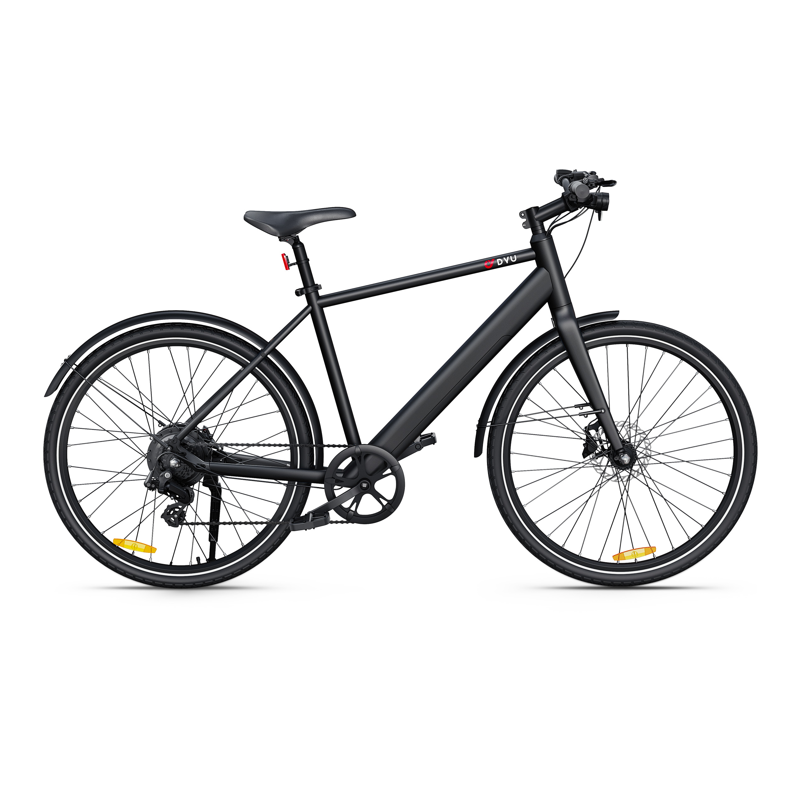 Ein schwarzes E-Bike mit silbernen Akzenten, Scheibenbremsen und Schutzblechen.