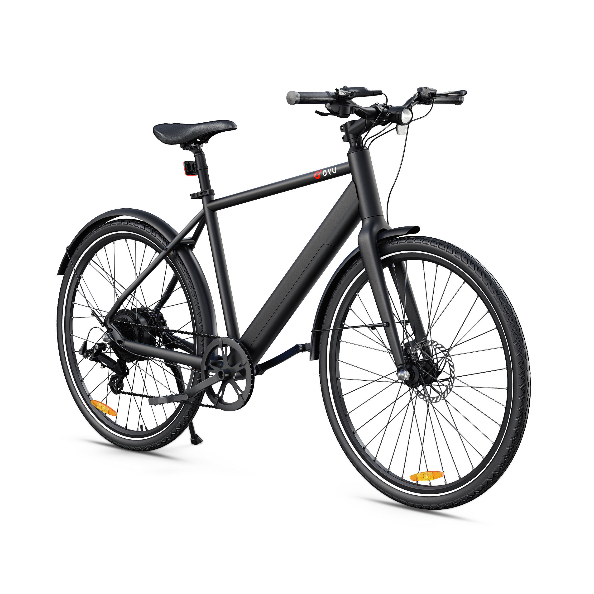 Ein schwarzes E-Bike mit silbernen Akzenten, Vorder- und Rücklichtern und Reflektoren.
