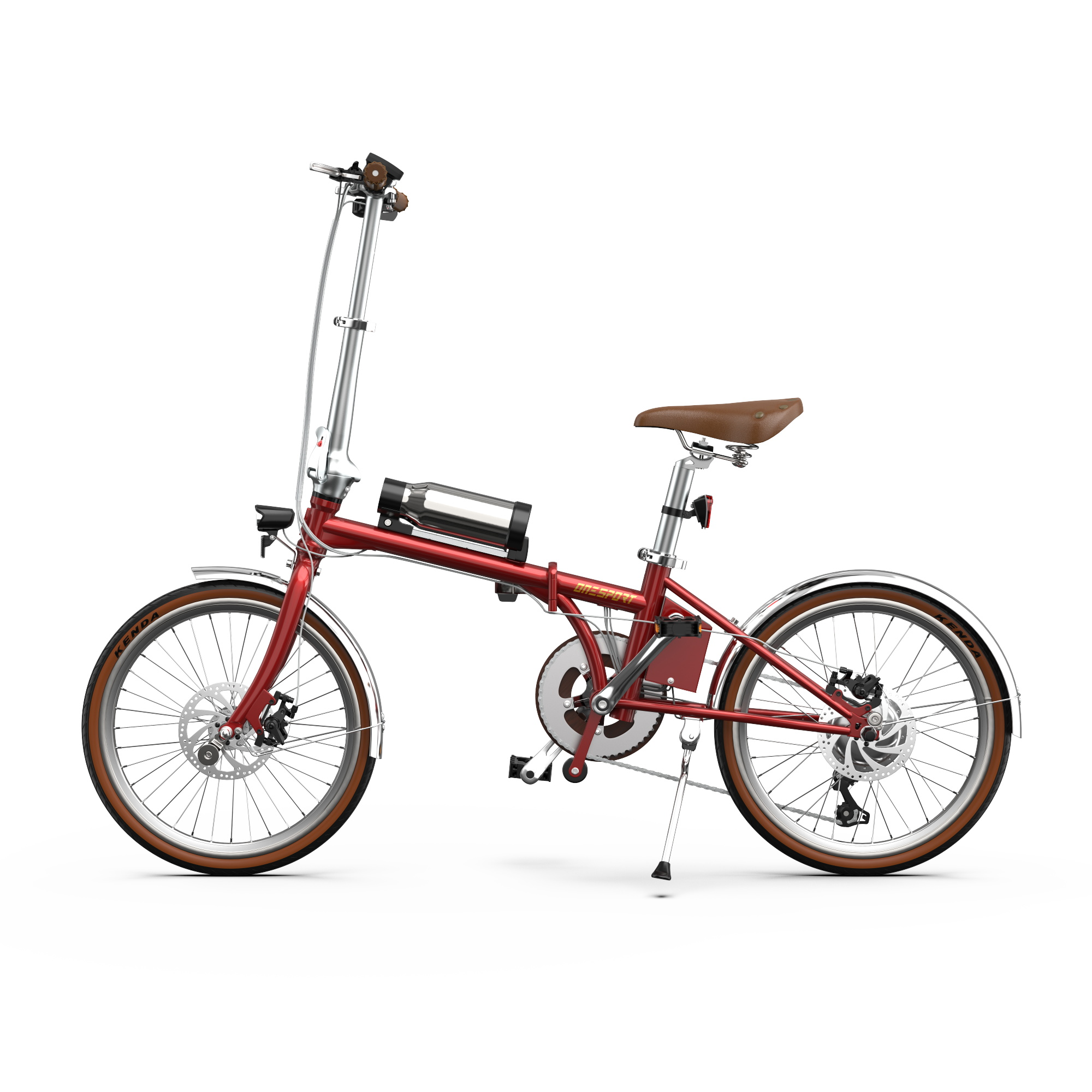 Ein rotes faltbares Fahrrad mit braunem Sattel und silbernem Flaschenhalter.