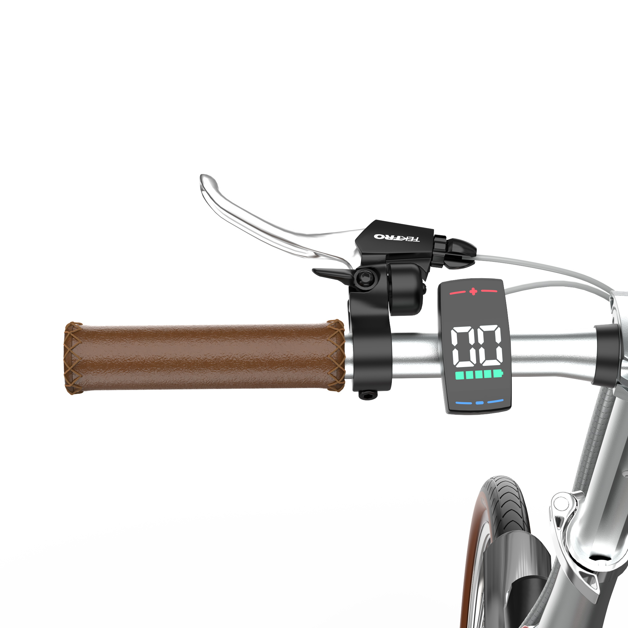 Nahaufnahme des Lenkers eines E-Bikes mit braunem Griff und Display.