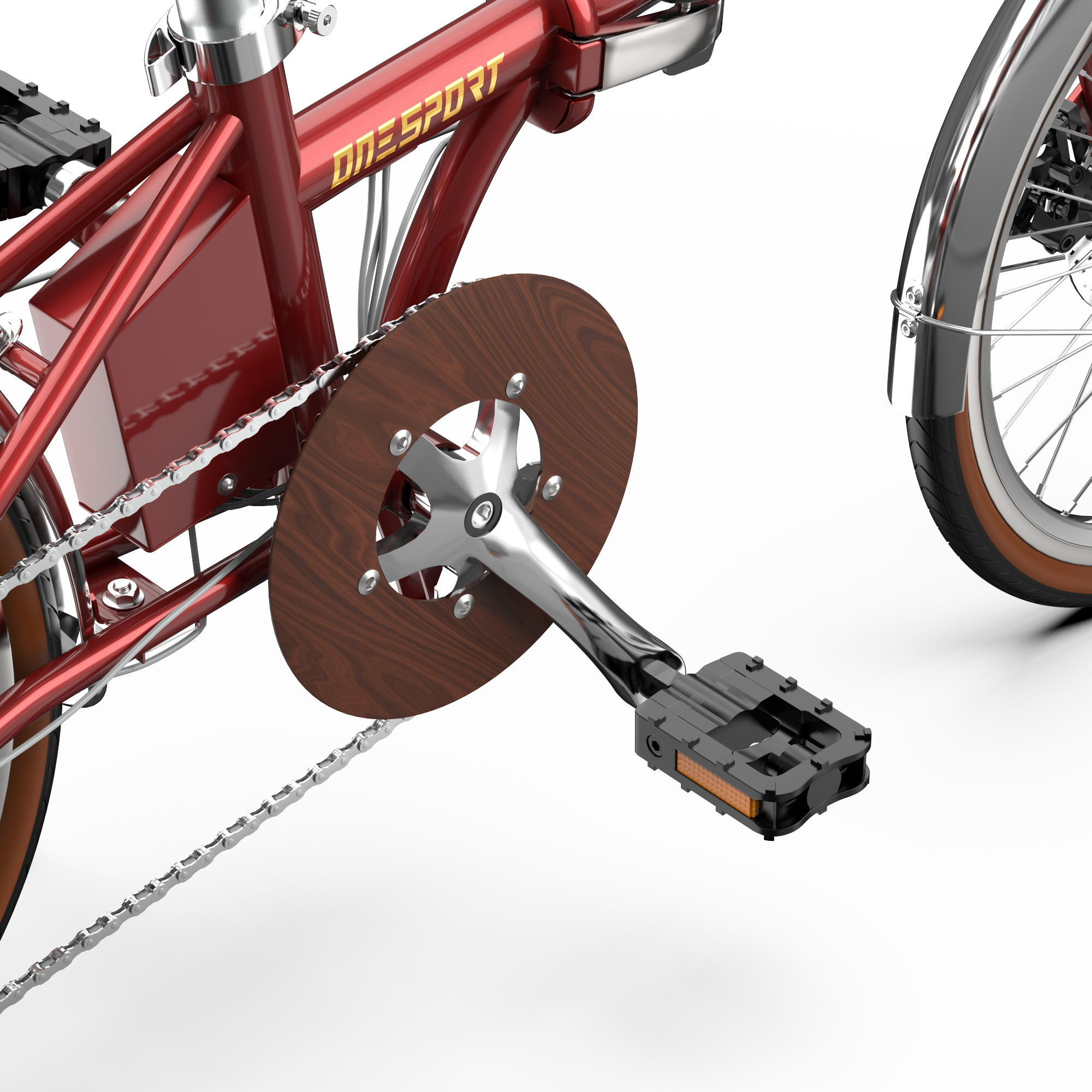 Detailaufnahme eines roten Fahrrads mit Kette, Holz-Kettenblatt und Pedal.