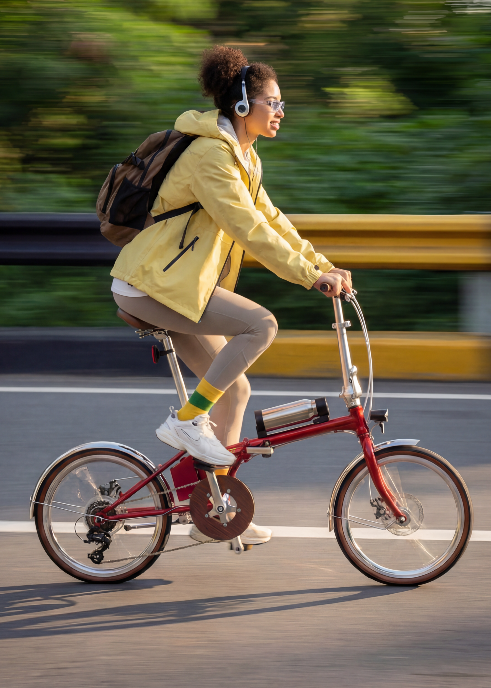 Eine Frau fährt Rad, trägt Kopfhörer und Rucksack, gelbe Jacke, sonnig.