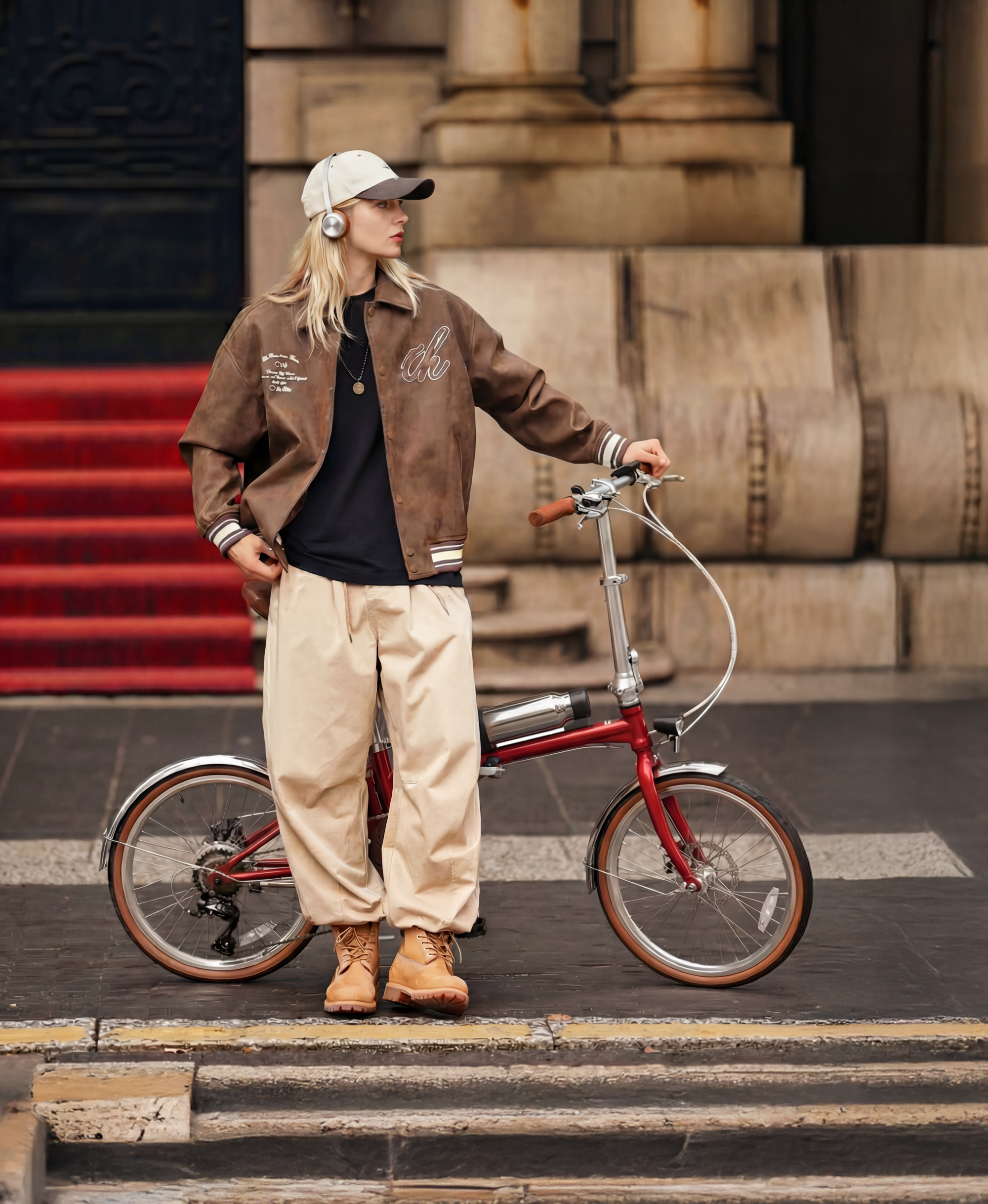Frau mit Kopfhörern und Rad, braune Jacke, beige Hose, auf Treppen.