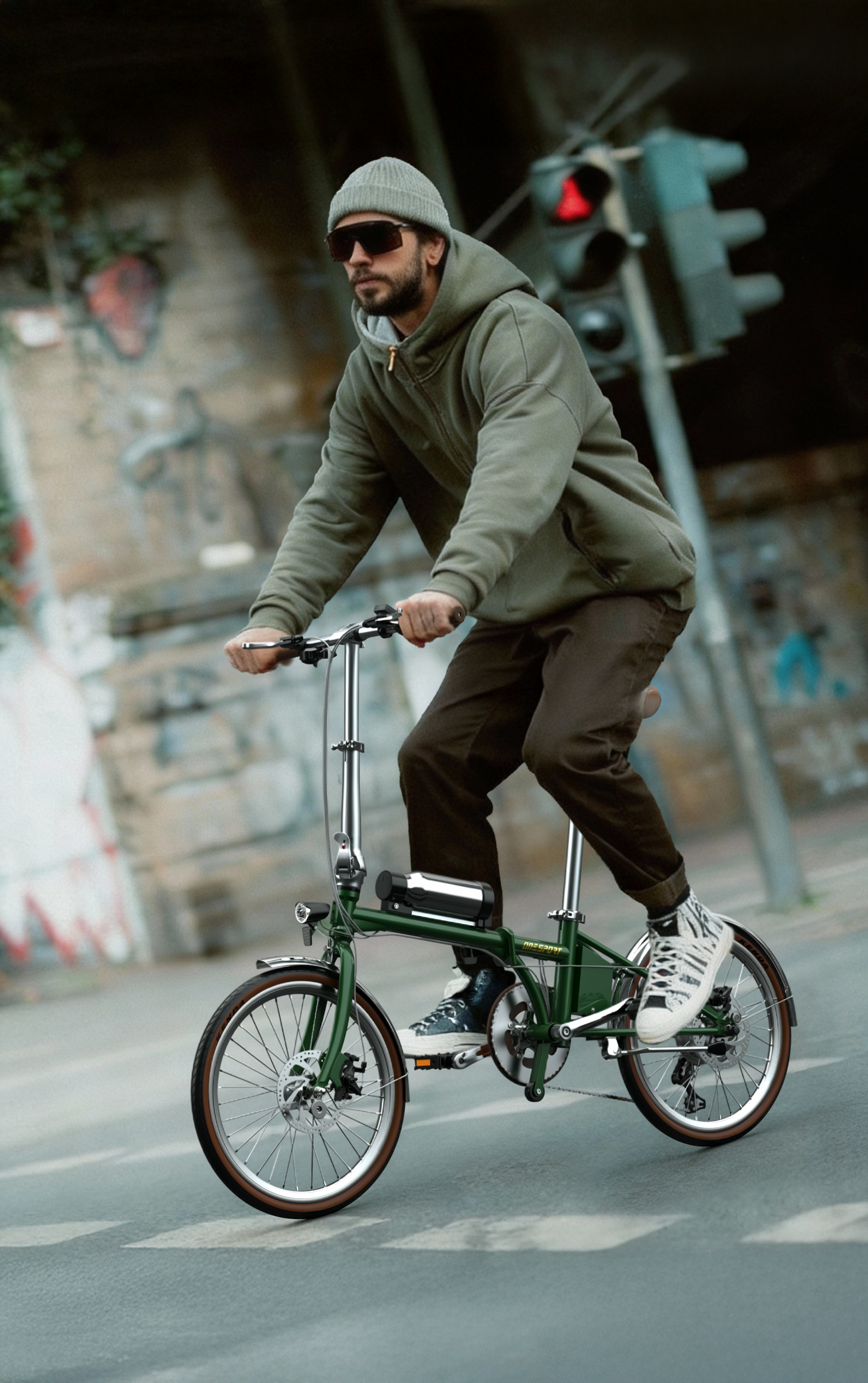 Mann mit Mütze und Sonnenbrille fährt ein grünes Klapprad.