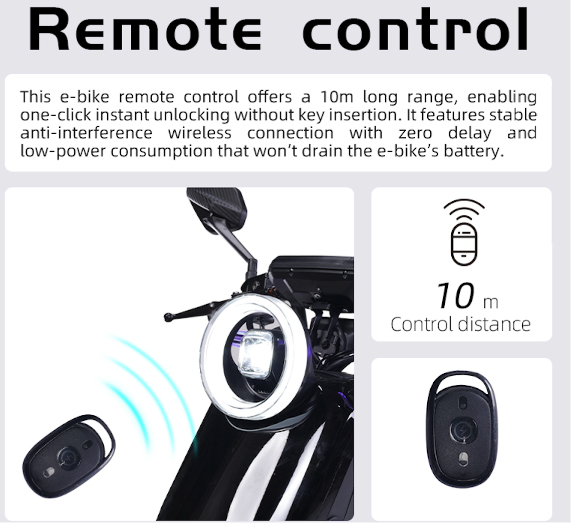 E-Bike Fernbedienung mit 10m Reichweite und Motorradfront.