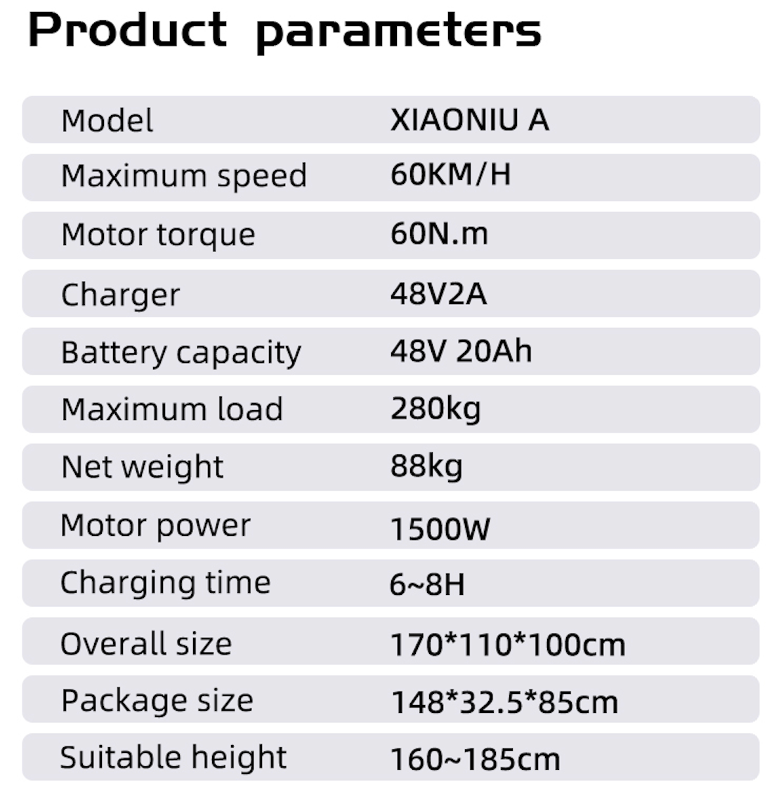 Produktdaten: Modell XIAONIU A, max. 60 km/h, 60 Nm Drehmoment, 48V2A Ladegerät.
