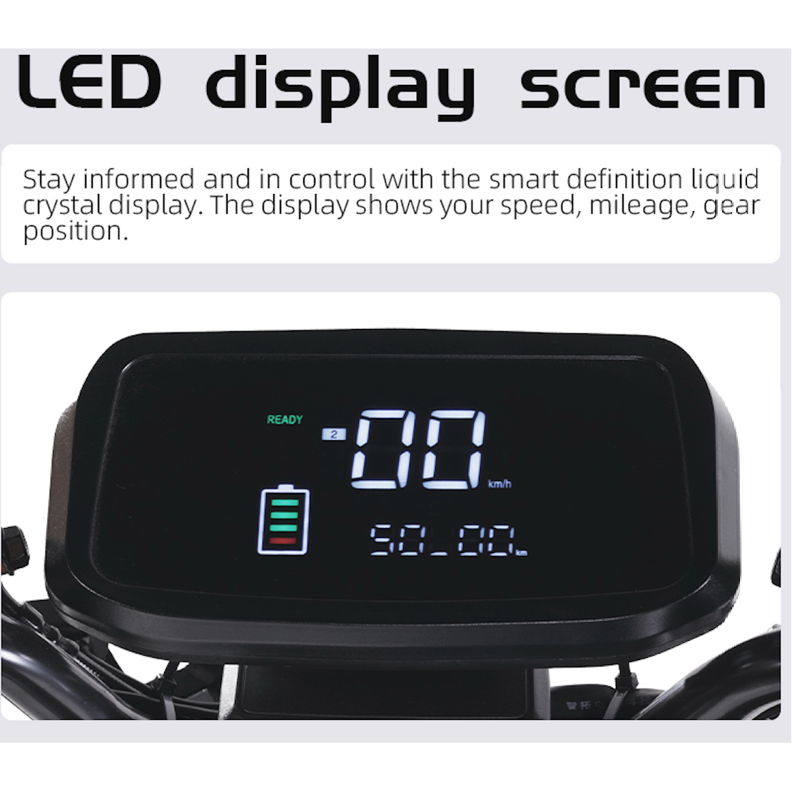 Ein helles LED-Display zeigt Geschwindigkeit, Kilometerstand und Gang. Batteriestatus sichtbar.