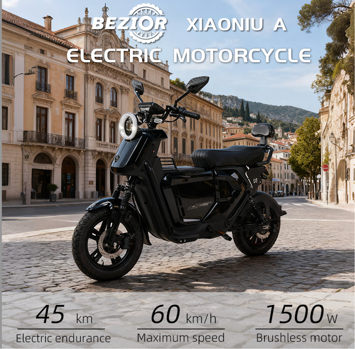 Schwarzes Elektro-Motorrad mit runden Scheinwerfern auf gepflasterter Straße.