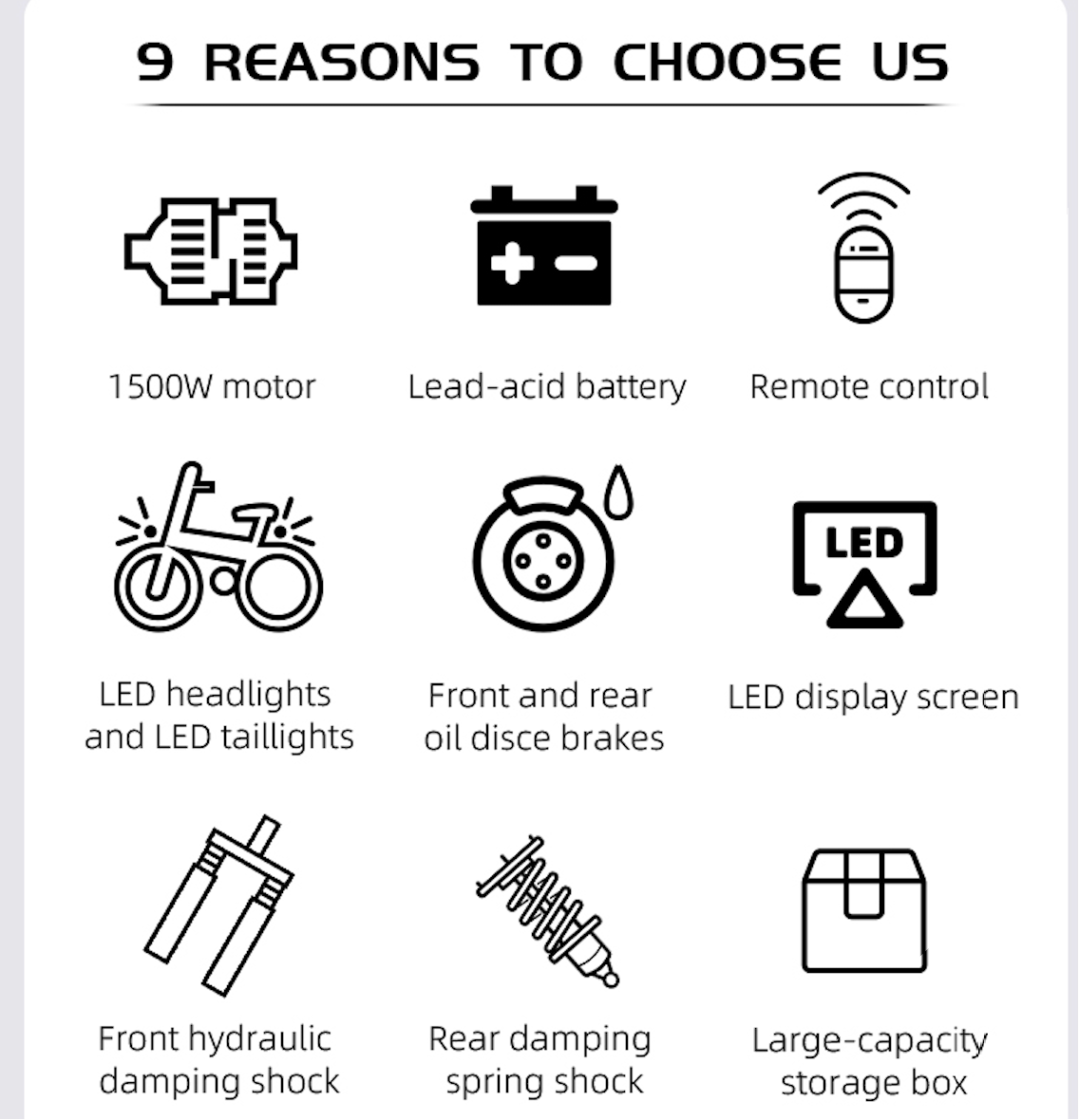 9 Gründe uns zu wählen: 1500W Motor, Blei-Säure-Akku, Fernbedienung, LED-Lichter, Scheibenbremsen, LED-Display, Stoßdämpfer.