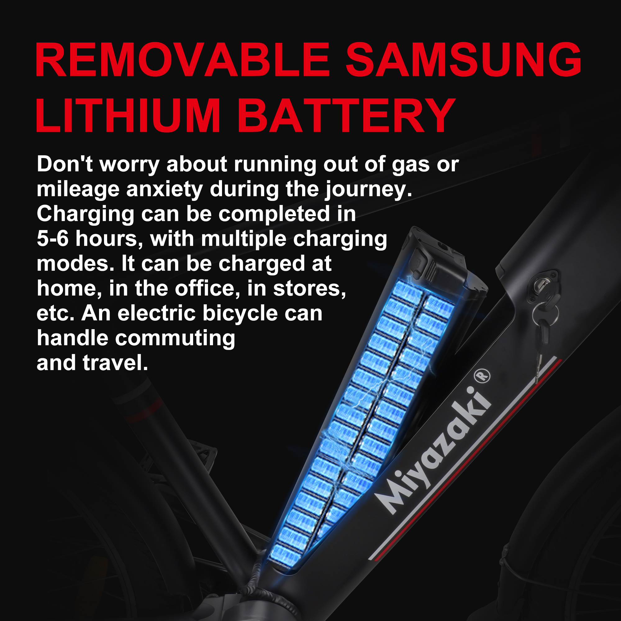 Wyjmowana bateria litowo-jonowa Samsung z niebieskimi ogniwami na czarnej ramie roweru.