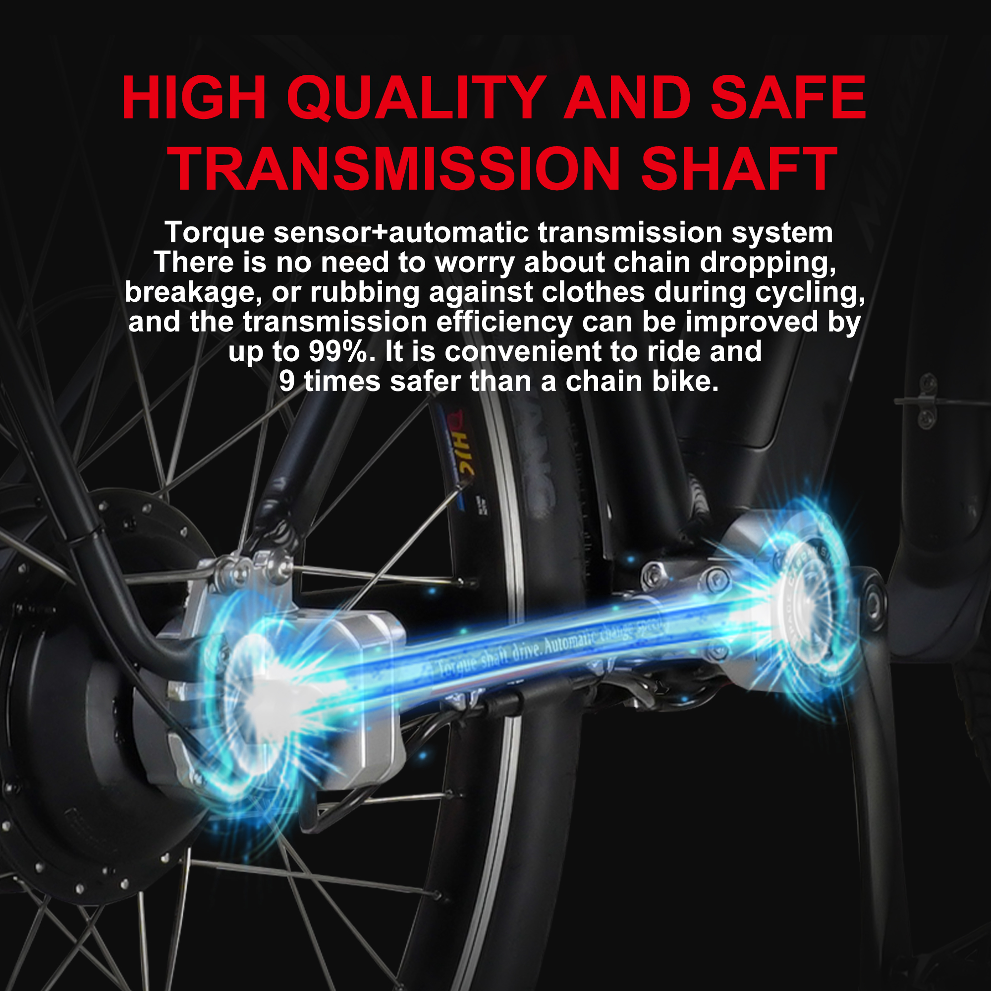 Wał napędowy roweru z niebieskimi efektami świetlnymi. Tekst "HIGH QUALITY AND SAFE TRANSMISSION SHAFT".