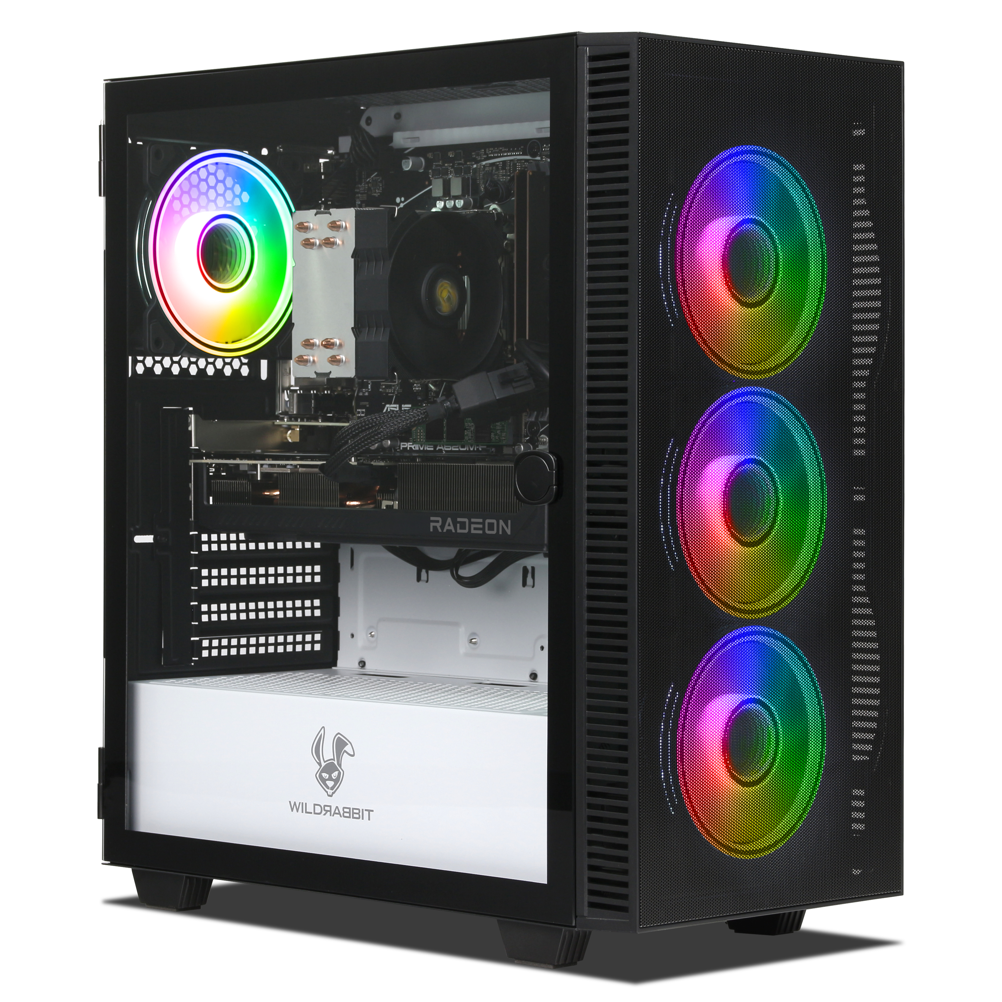Una caja de PC con ventiladores RGB, ventana de cristal y componentes internos.