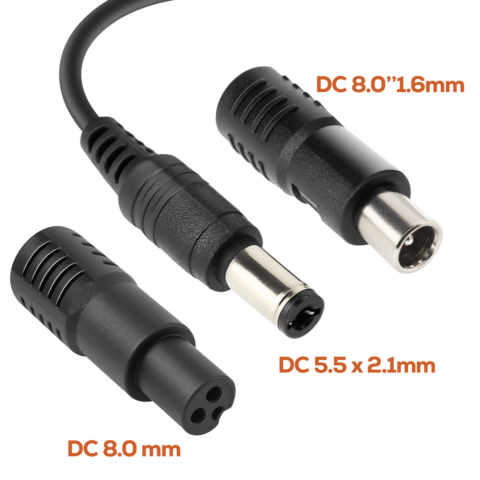 Drei schwarze DC-Stecker: 8,0 mm, 5,5x2,1 mm und 8,0x1,6 mm.
