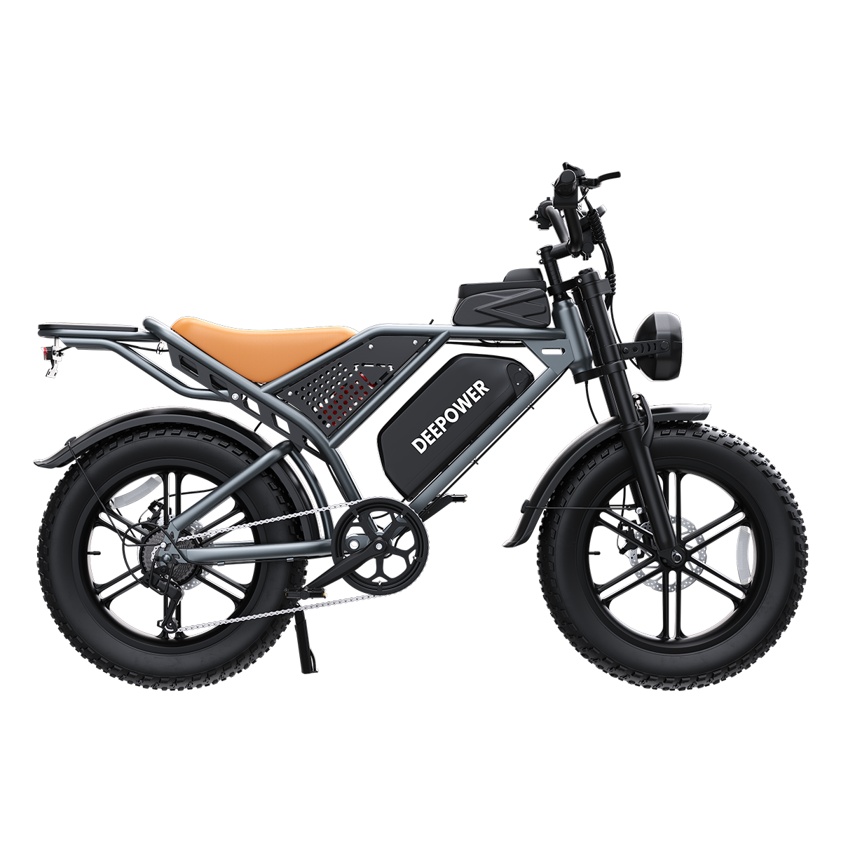 Szary rower elektryczny z brązowym siodełkiem i grubymi oponami.