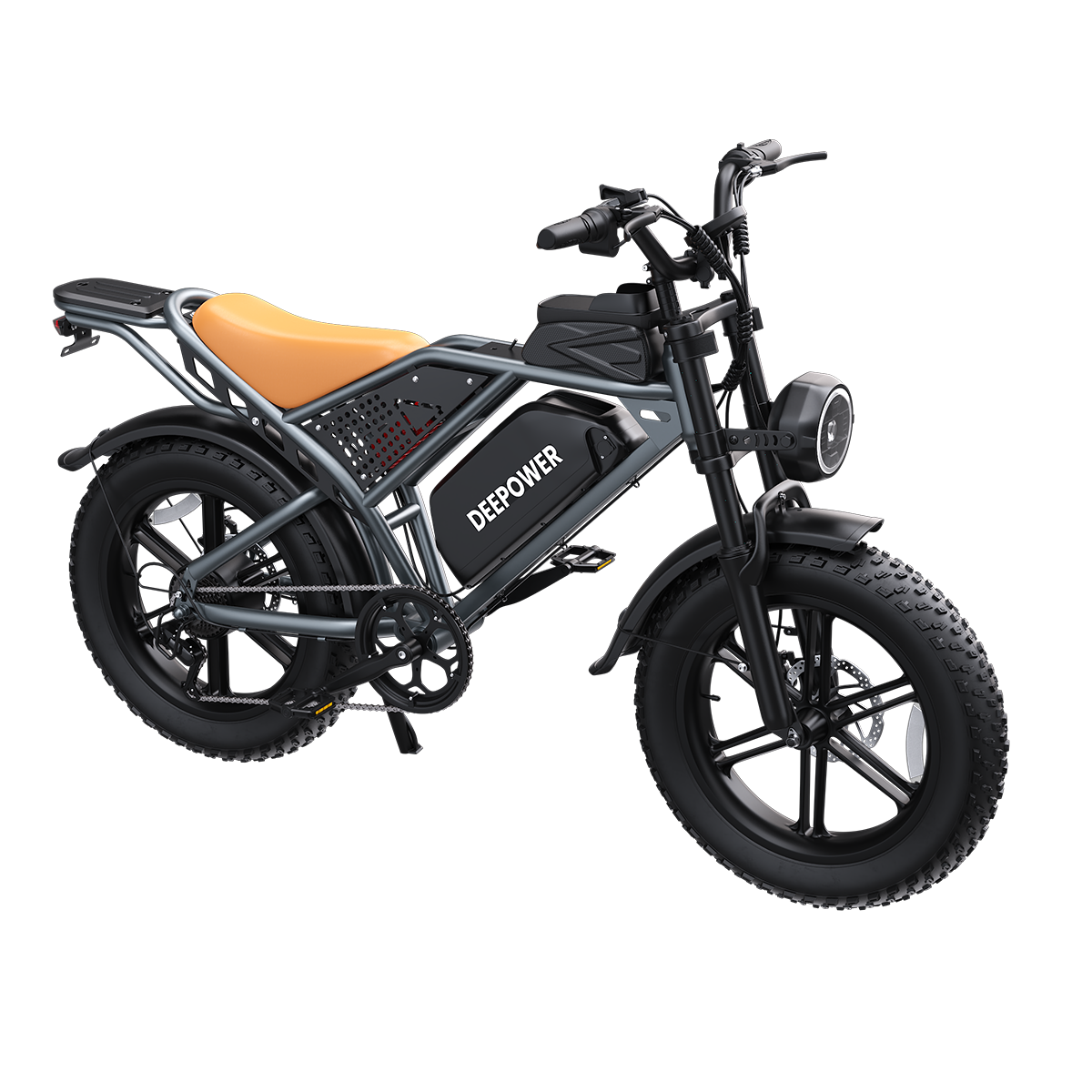 Szary rower elektryczny z szerokimi oponami, brązowym siodełkiem i logo DEEPPOWER.