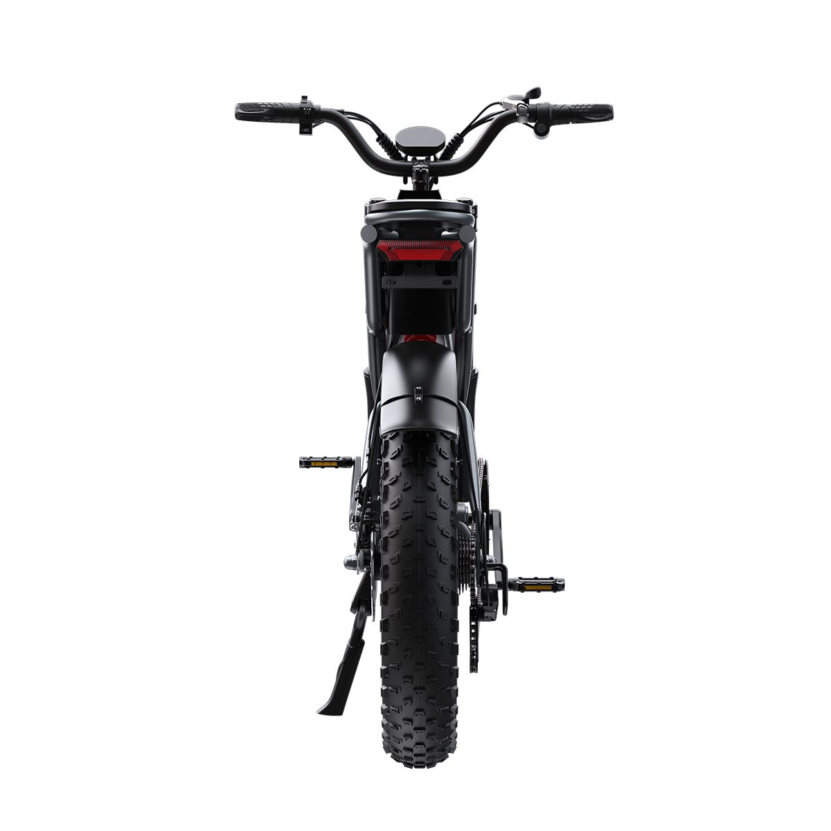 Widok z tyłu czarnego roweru elektrycznego z szerokimi oponami i czerwonym światłem.