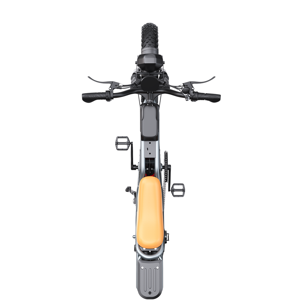 Widok z góry srebrnego roweru elektrycznego z pomarańczowym siedzeniem i szerokimi oponami.