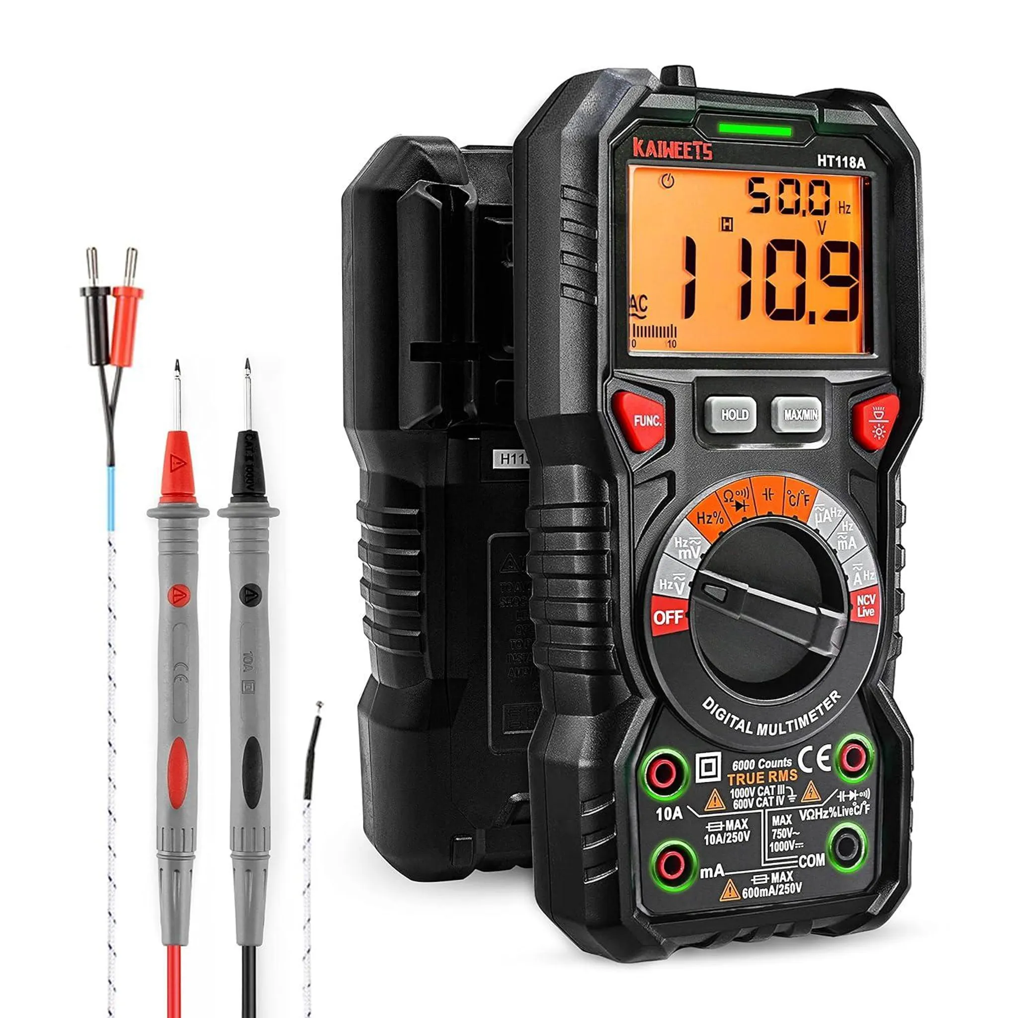 Ein schwarzes digitales Multimeter von Kaiweets mit orangefarbenem Display und Messleitungen.