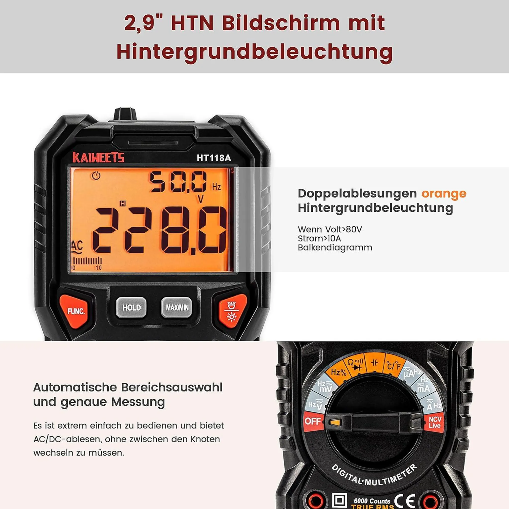 Digitalmultimeter mit orangefarbenem Display und orangefarbener Hintergrundbeleuchtung.