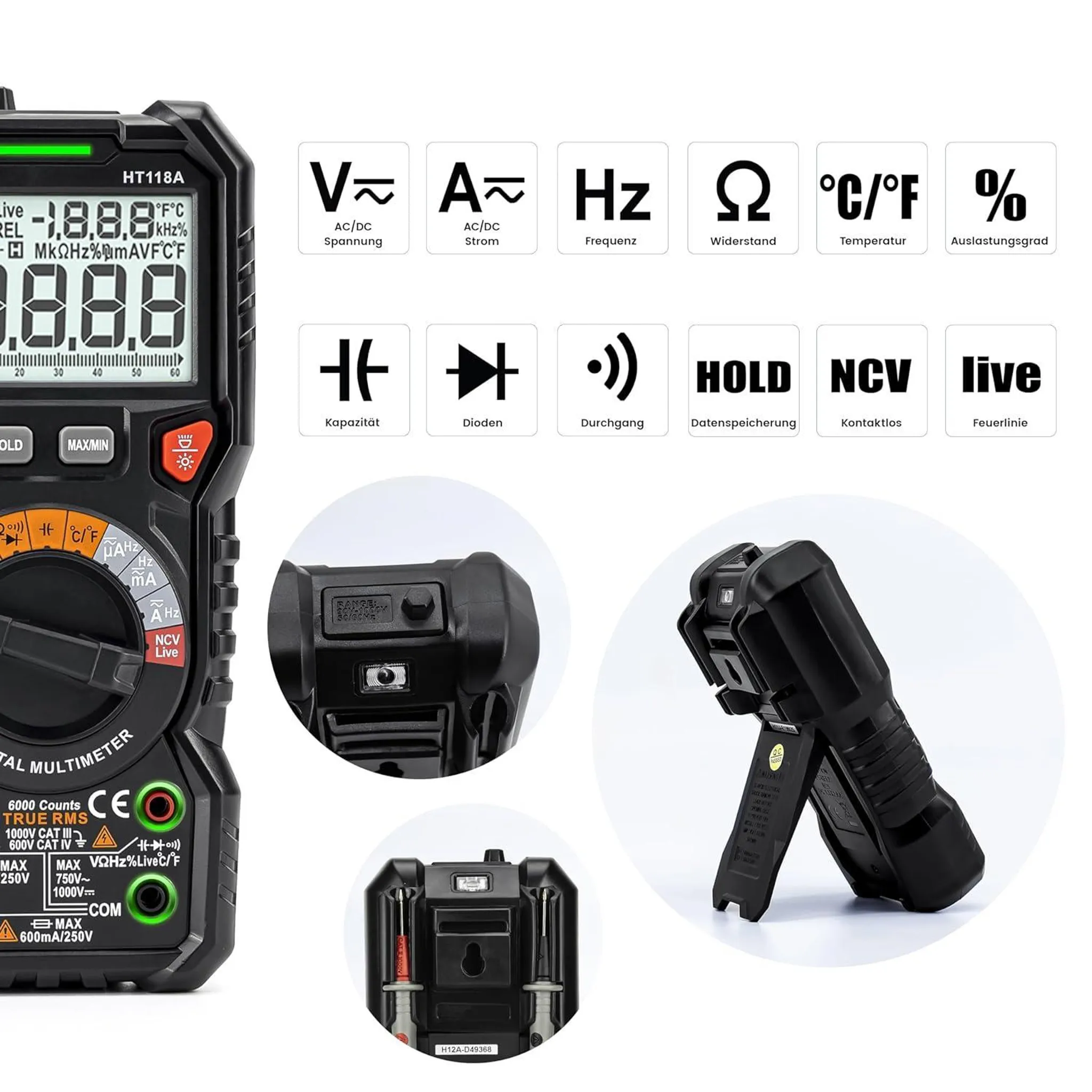 Digitalmultimeter HT118A mit Symbolen für Spannung, Strom, Frequenz, Widerstand, Temperatur und mehr.