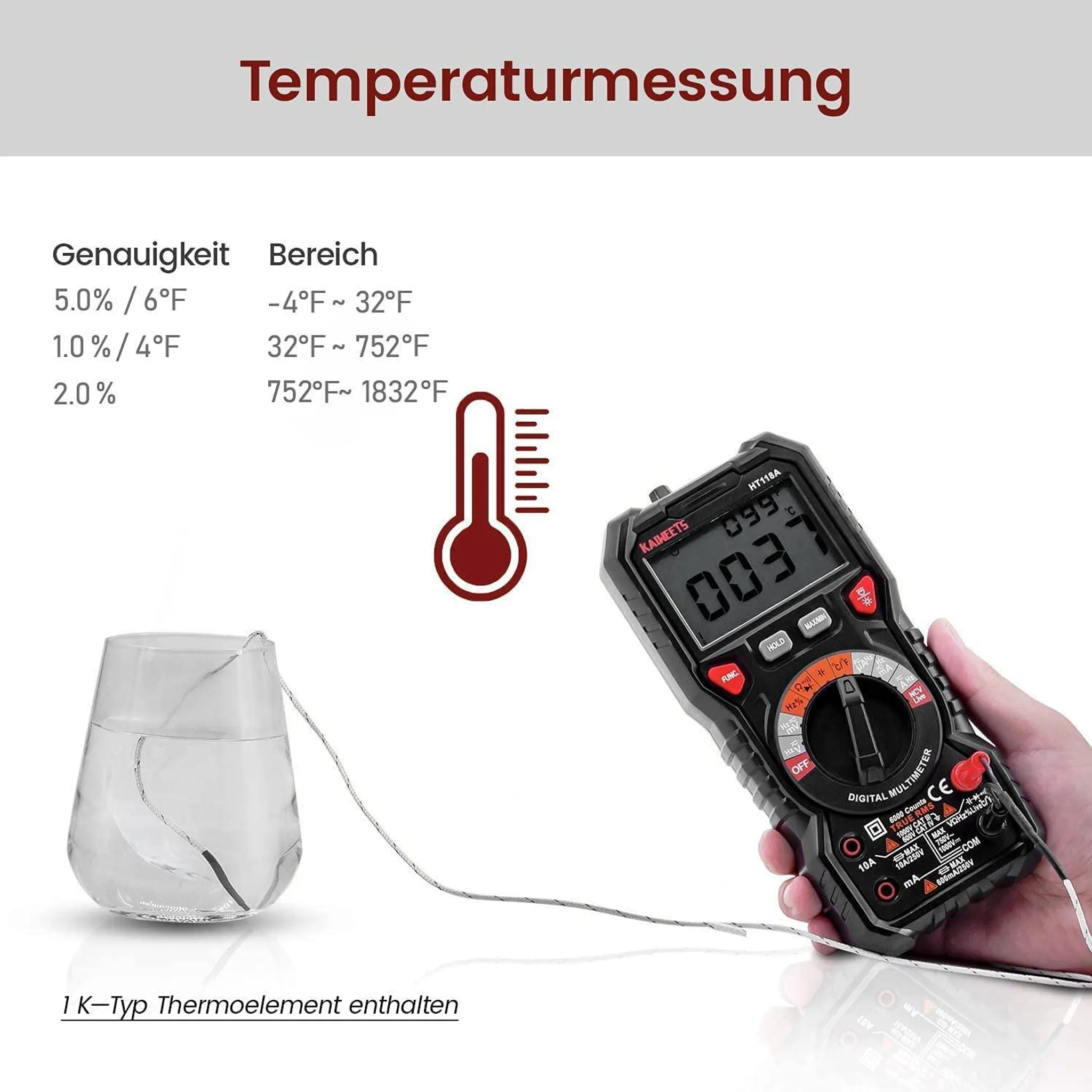Ein Multimeter misst die Wassertemperatur mit einem Thermoelement.