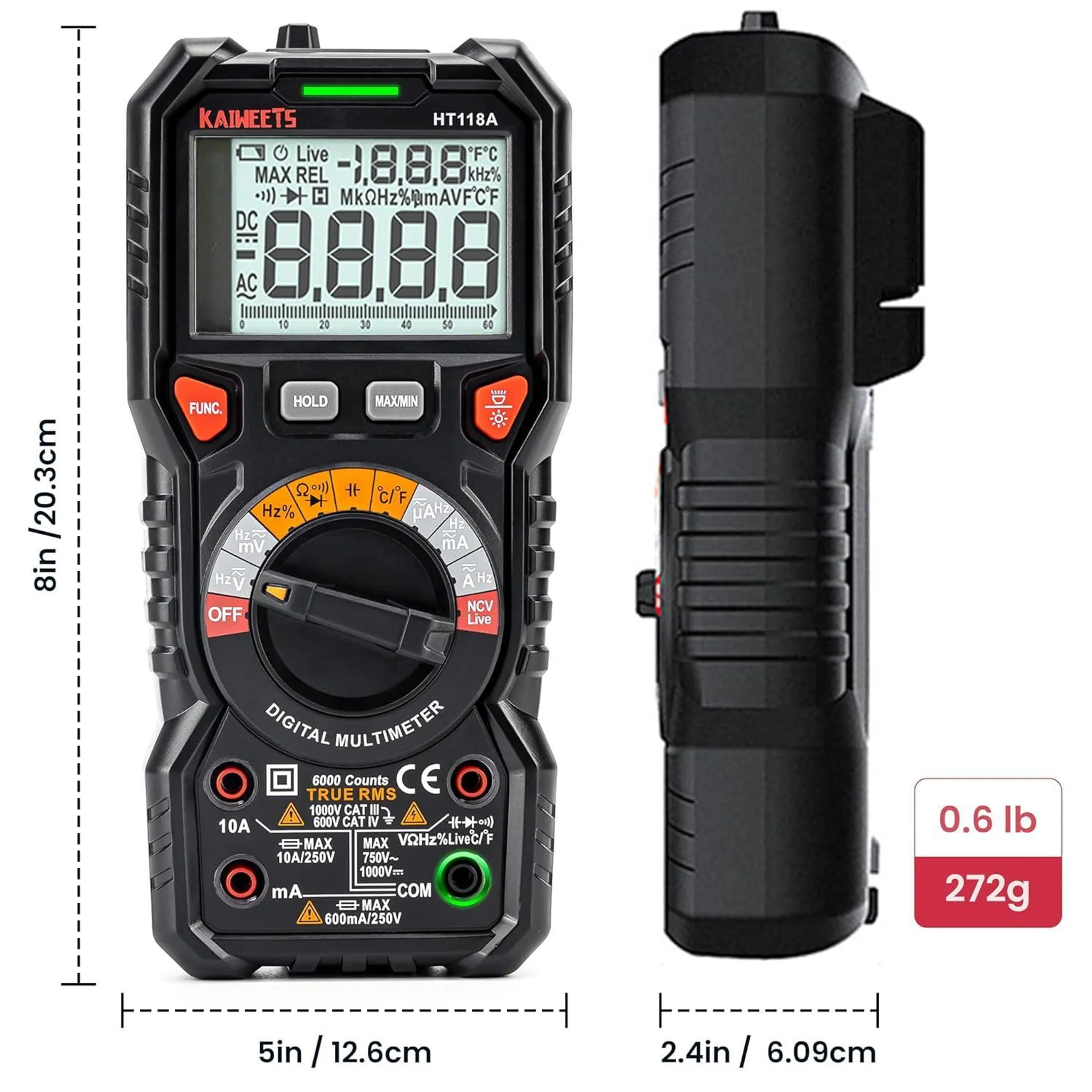 Ein schwarzes digitales Multimeter mit LCD-Anzeige, das Messwerte anzeigt.