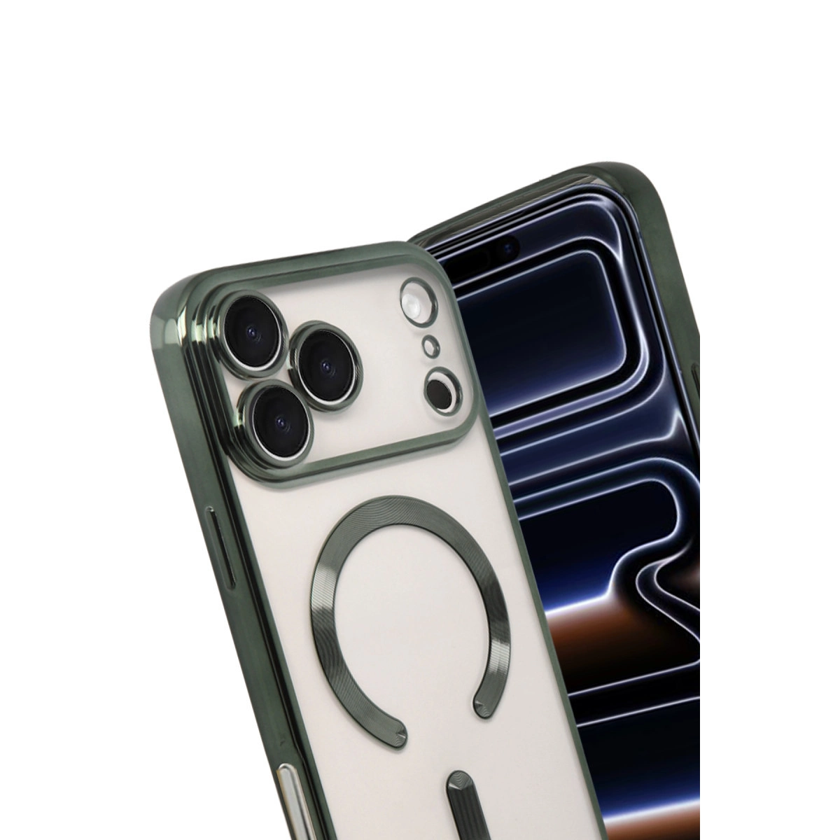 İki iPhone, biri şeffaf kılıflı ve kameralı, diğeri koyu ekranlı.