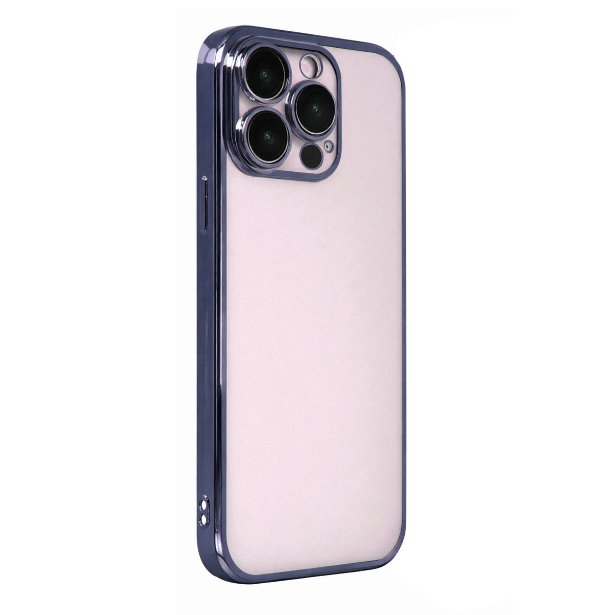 Koyu çerçeveli ve üç kamera lensli pembe bir iPhone görünüyor.