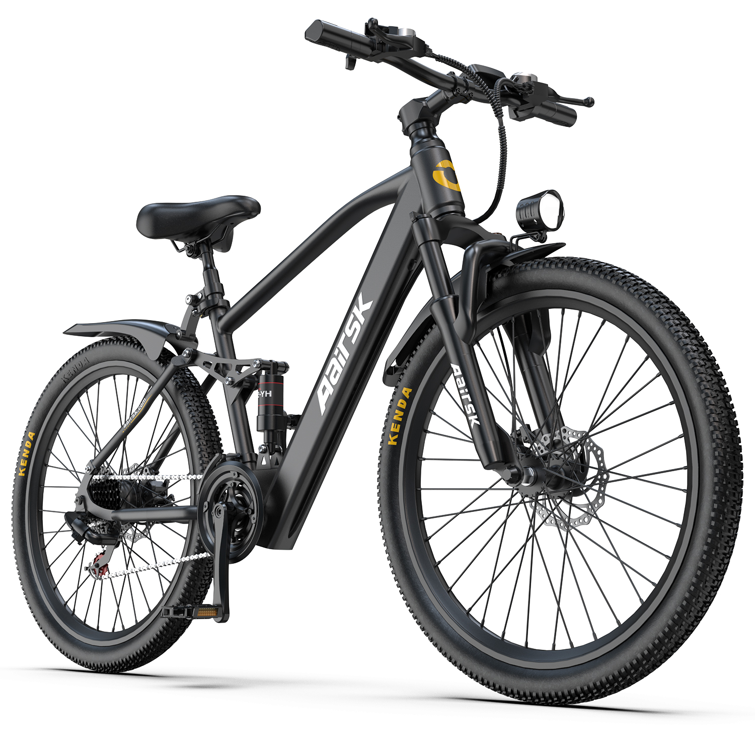 Schwarzes E-Bike mit Federung, Scheibenbremsen und Scheinwerfer.